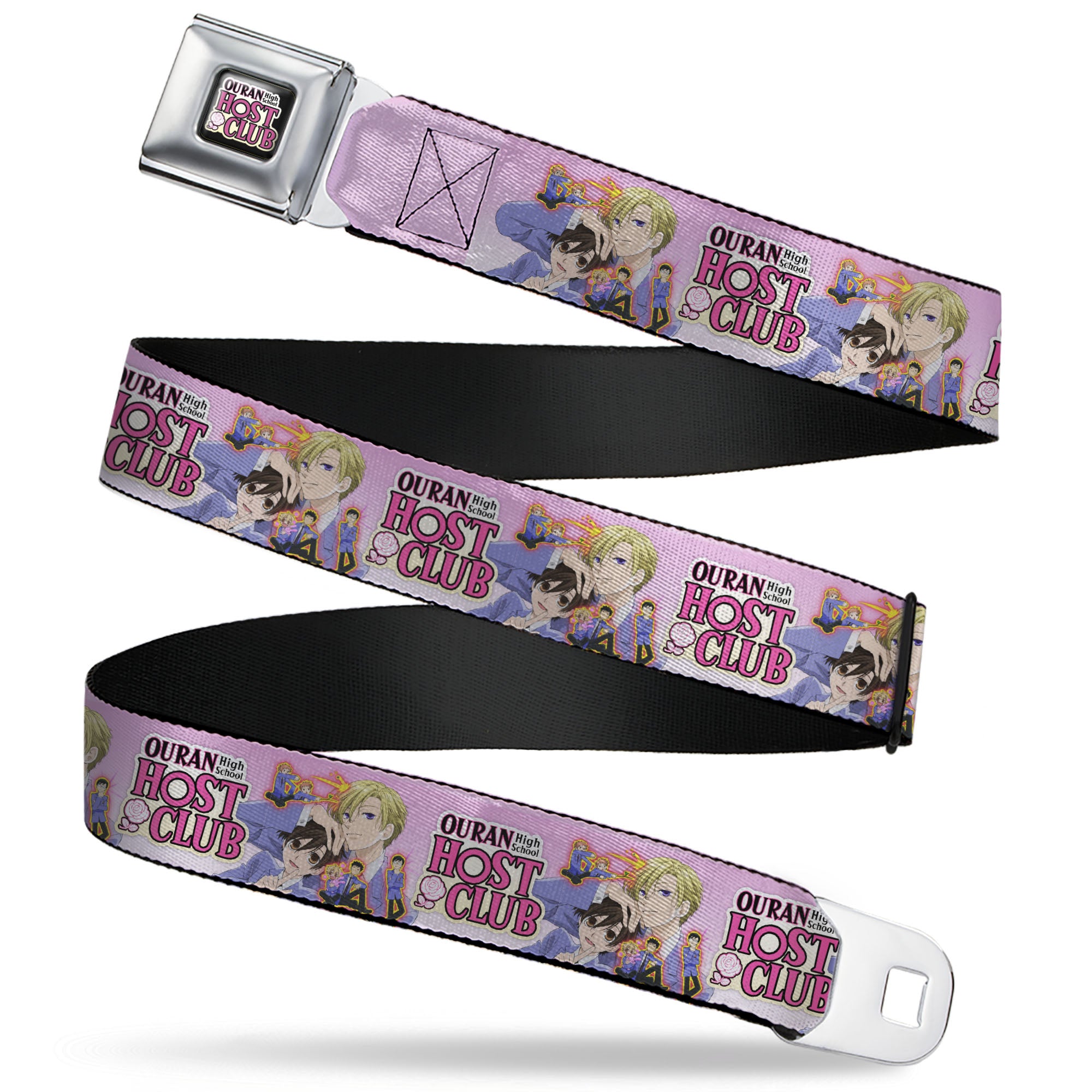 OURAN HIGH SCHOOL HOST CLUB Title Logo Full Color Black Seatbelt Belt - OURAN HIGH SCHOOL Character Group Pose and Title Logo Pinks Webbing Seatbelt Belts Ouran High School Host Club
