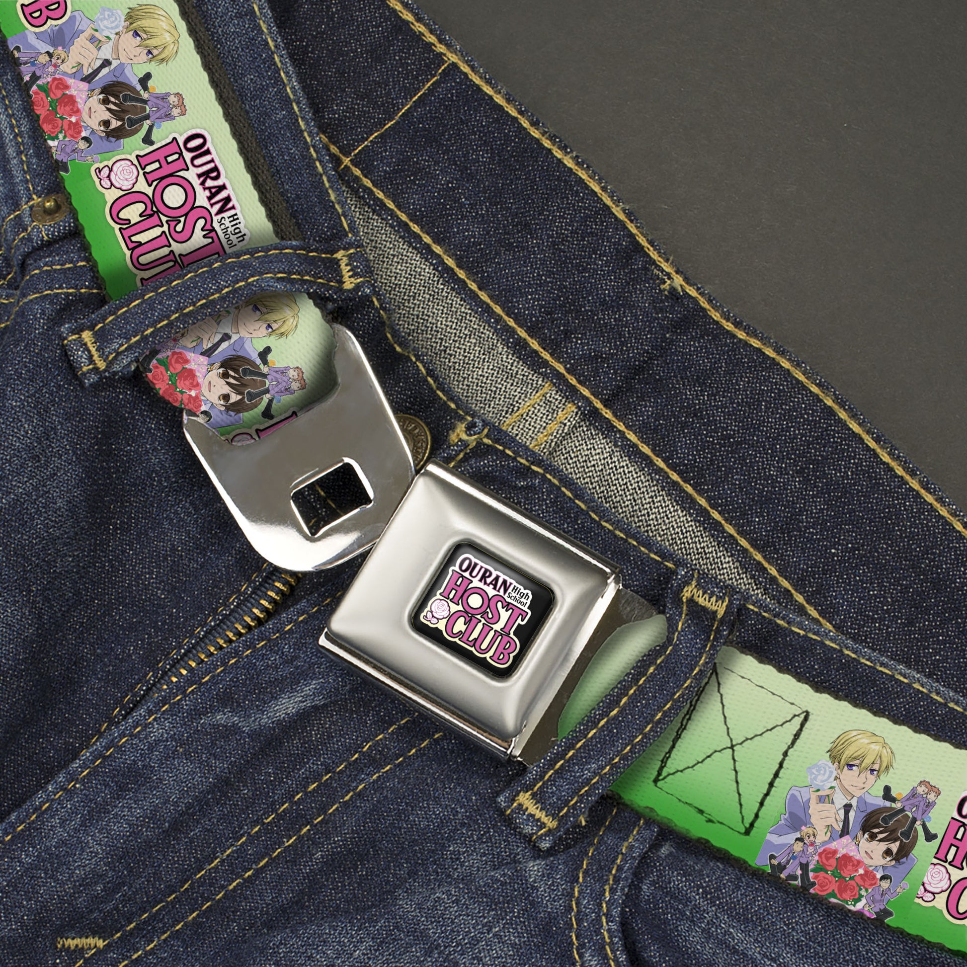 OURAN HIGH SCHOOL HOST CLUB Title Logo Full Color Black Seatbelt Belt - OURAN HIGH SCHOOL HOST CLUB Haruhi and Friends Group Pose and Title Logo Greens Webbing Seatbelt Belts Ouran High School Host Club