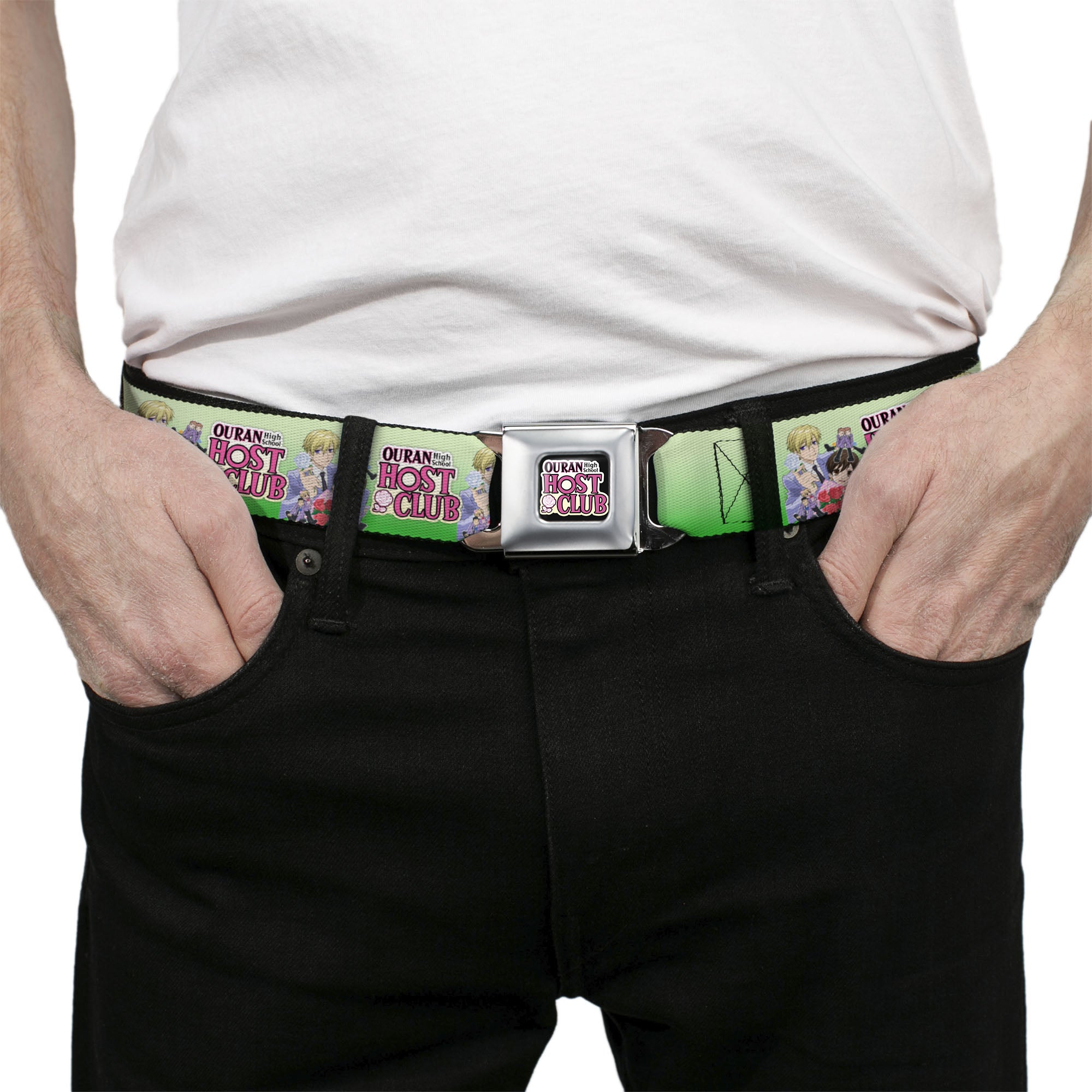 OURAN HIGH SCHOOL HOST CLUB Title Logo Full Color Black Seatbelt Belt - OURAN HIGH SCHOOL HOST CLUB Haruhi and Friends Group Pose and Title Logo Greens Webbing Seatbelt Belts Ouran High School Host Club