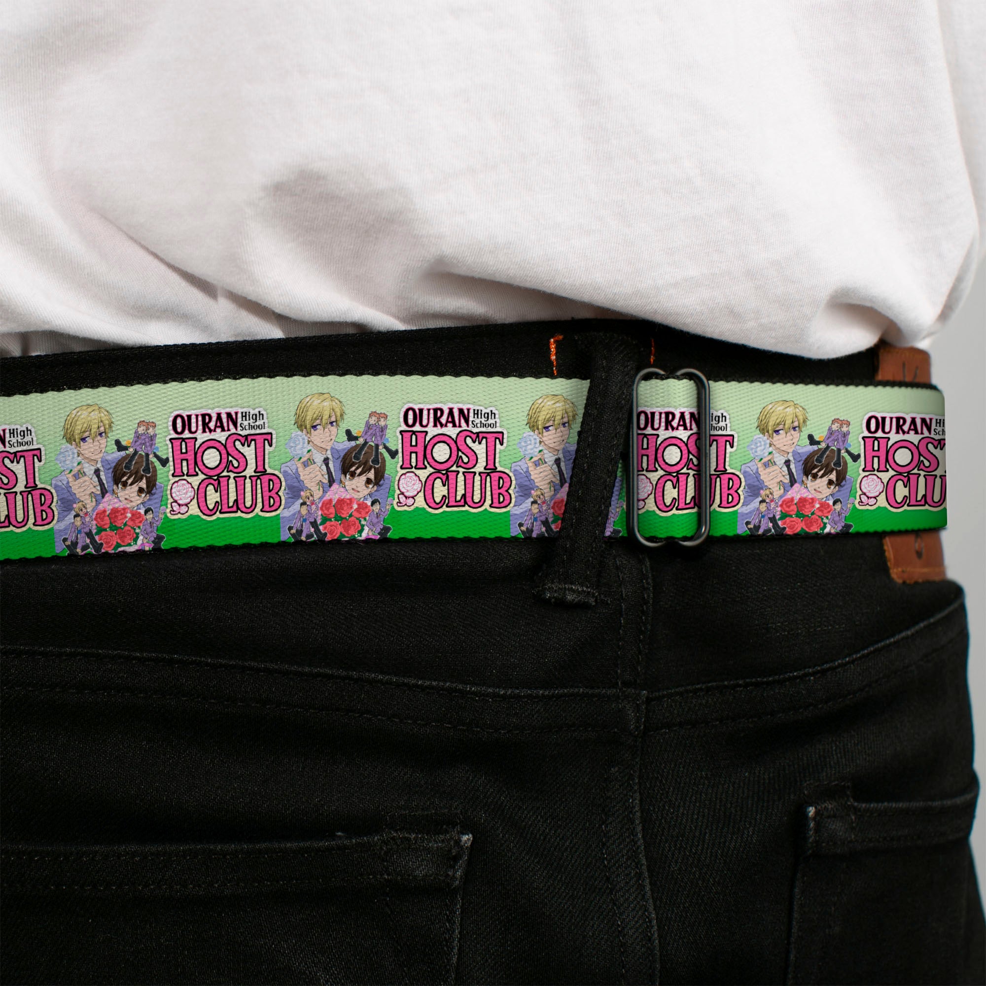 OURAN HIGH SCHOOL HOST CLUB Title Logo Full Color Black Seatbelt Belt - OURAN HIGH SCHOOL HOST CLUB Haruhi and Friends Group Pose and Title Logo Greens Webbing Seatbelt Belts Ouran High School Host Club