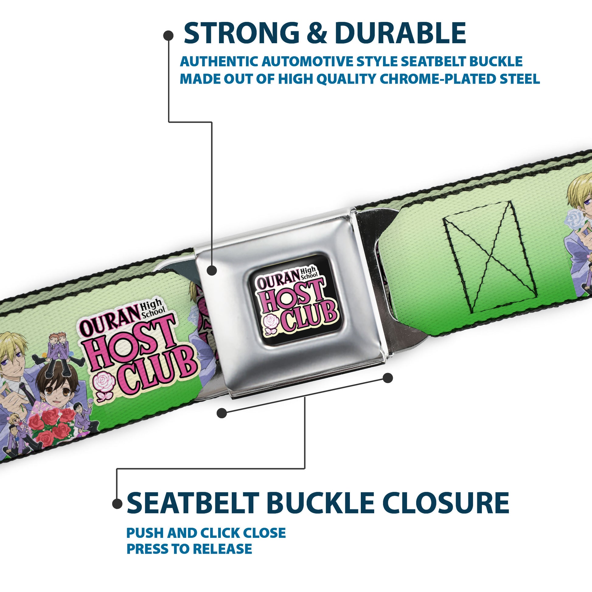 OURAN HIGH SCHOOL HOST CLUB Title Logo Full Color Black Seatbelt Belt - OURAN HIGH SCHOOL HOST CLUB Haruhi and Friends Group Pose and Title Logo Greens Webbing Seatbelt Belts Ouran High School Host Club