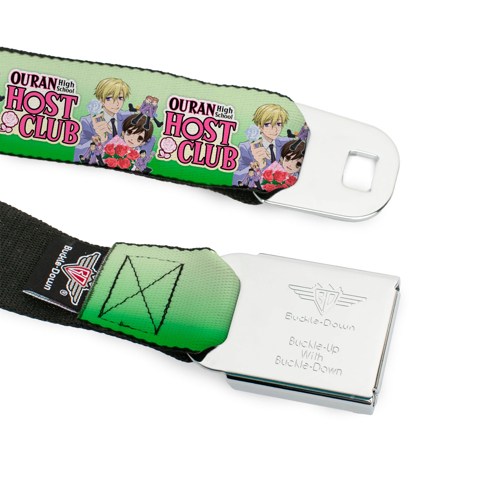 OURAN HIGH SCHOOL HOST CLUB Title Logo Full Color Black Seatbelt Belt - OURAN HIGH SCHOOL HOST CLUB Haruhi and Friends Group Pose and Title Logo Greens Webbing Seatbelt Belts Ouran High School Host Club