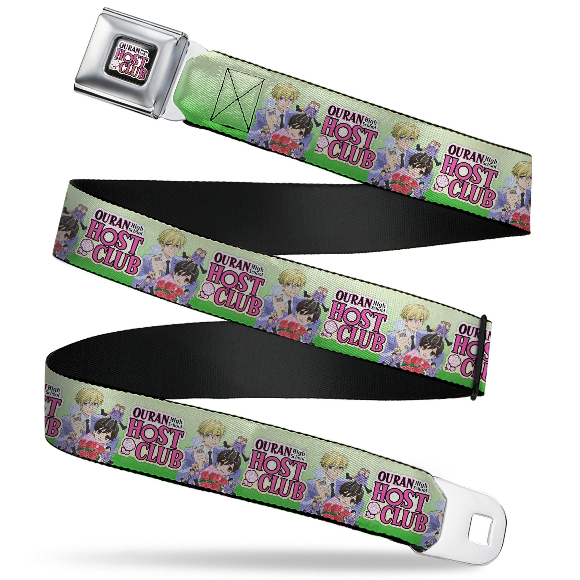 OURAN HIGH SCHOOL HOST CLUB Title Logo Full Color Black Seatbelt Belt - OURAN HIGH SCHOOL HOST CLUB Haruhi and Friends Group Pose and Title Logo Greens Webbing Seatbelt Belts Ouran High School Host Club