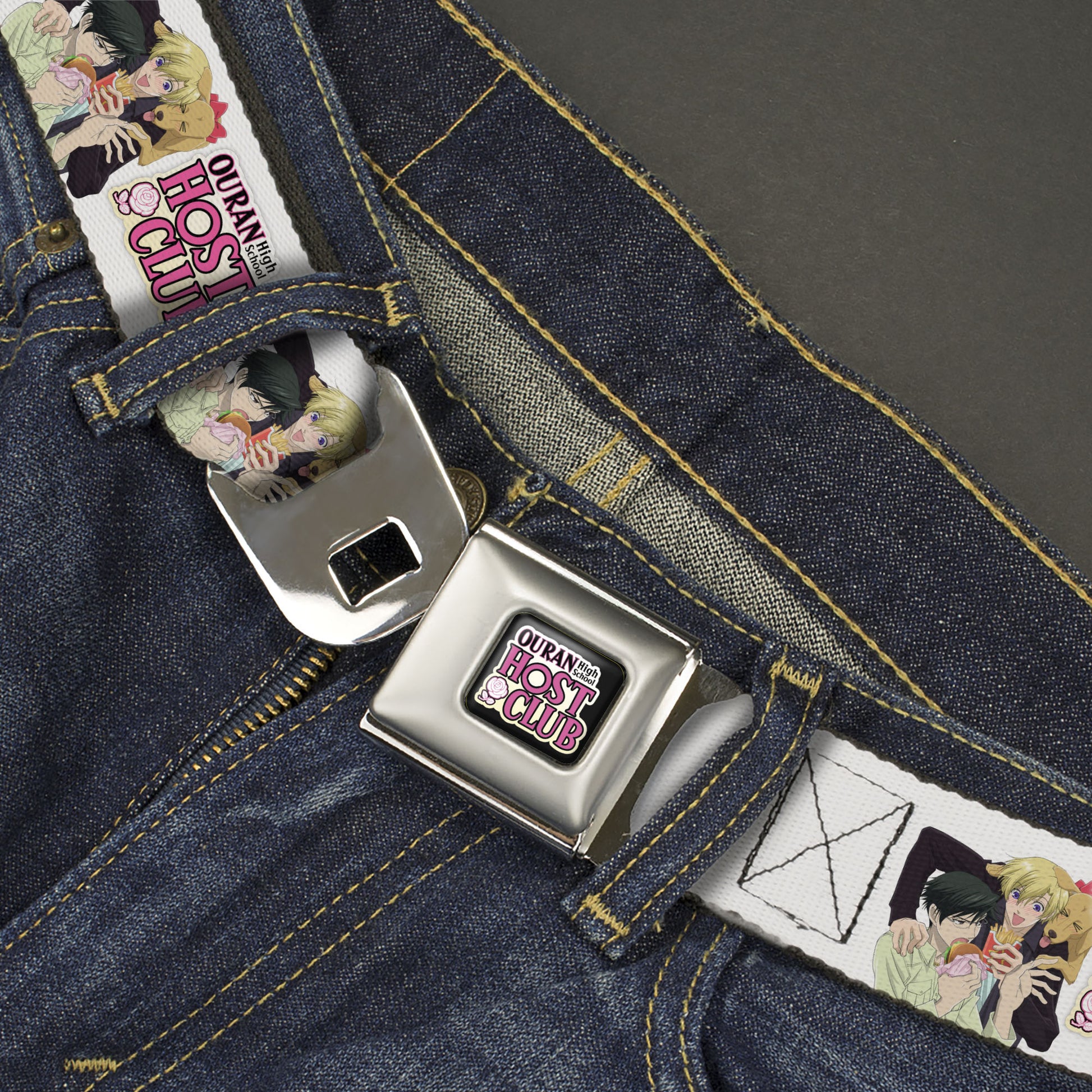 OURAN HIGH SCHOOL HOST CLUB Title Logo Full Color Black Seatbelt Belt - OURAN HIGH SCHOOL HOST CLUB Kyoya Haruhi and Antoinette Pose and Title Logo White Webbing Seatbelt Belts Ouran High School Host Club