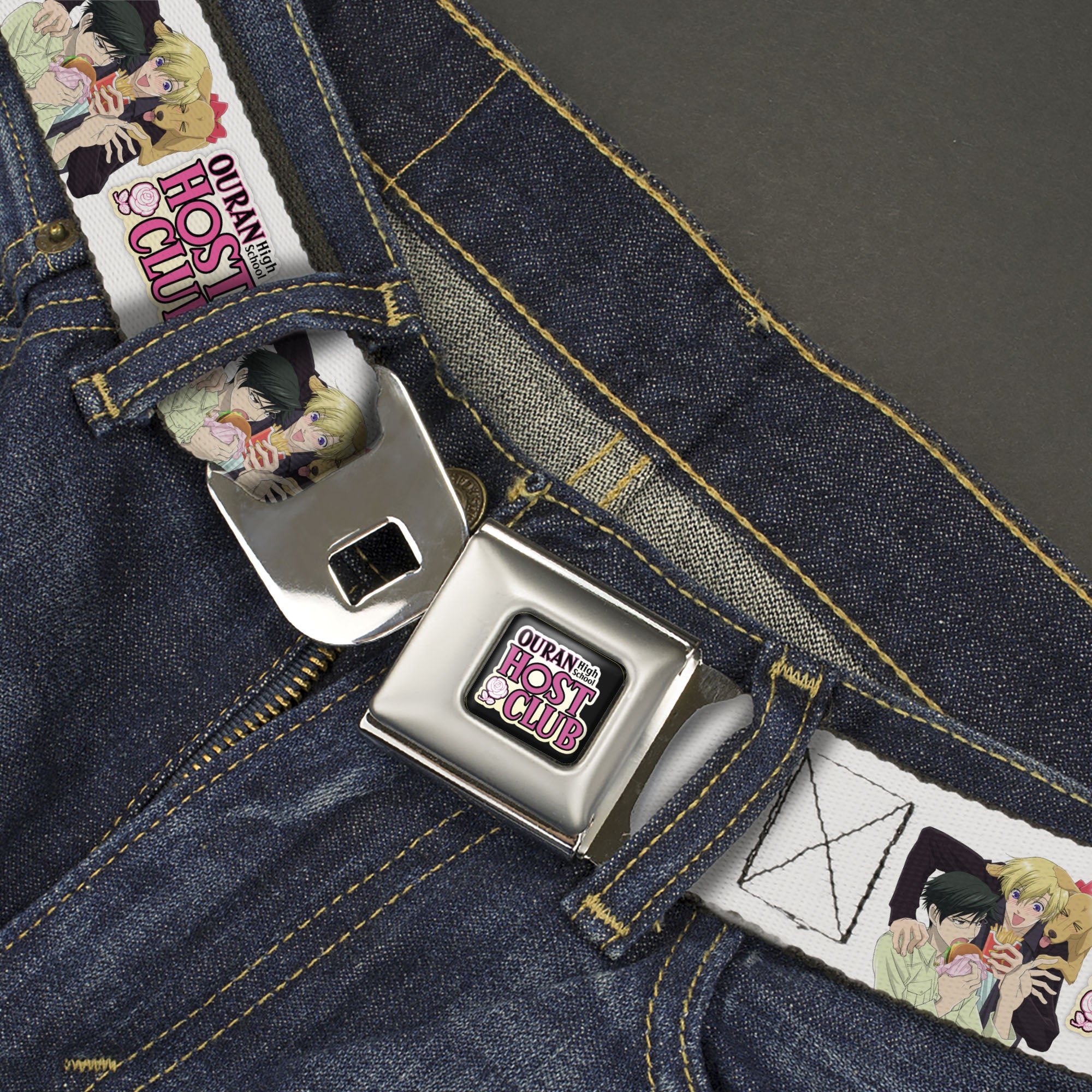 OURAN HIGH SCHOOL HOST CLUB Title Logo Full Color Black Seatbelt Belt - OURAN HIGH SCHOOL HOST CLUB Kyoya Haruhi and Antoinette Pose and Title Logo White Webbing Seatbelt Belts Ouran High School Host Club
