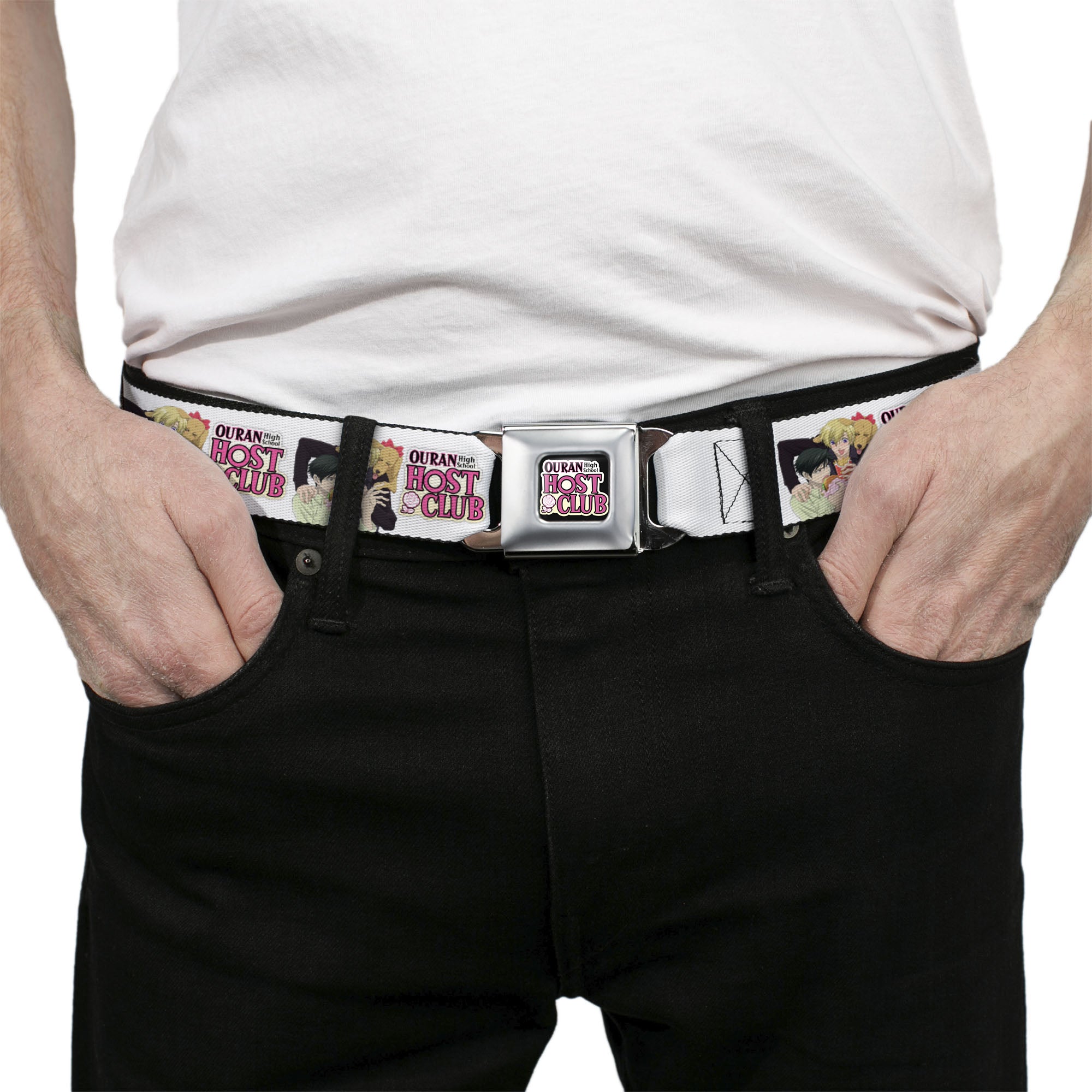 OURAN HIGH SCHOOL HOST CLUB Title Logo Full Color Black Seatbelt Belt - OURAN HIGH SCHOOL HOST CLUB Kyoya Haruhi and Antoinette Pose and Title Logo White Webbing Seatbelt Belts Ouran High School Host Club