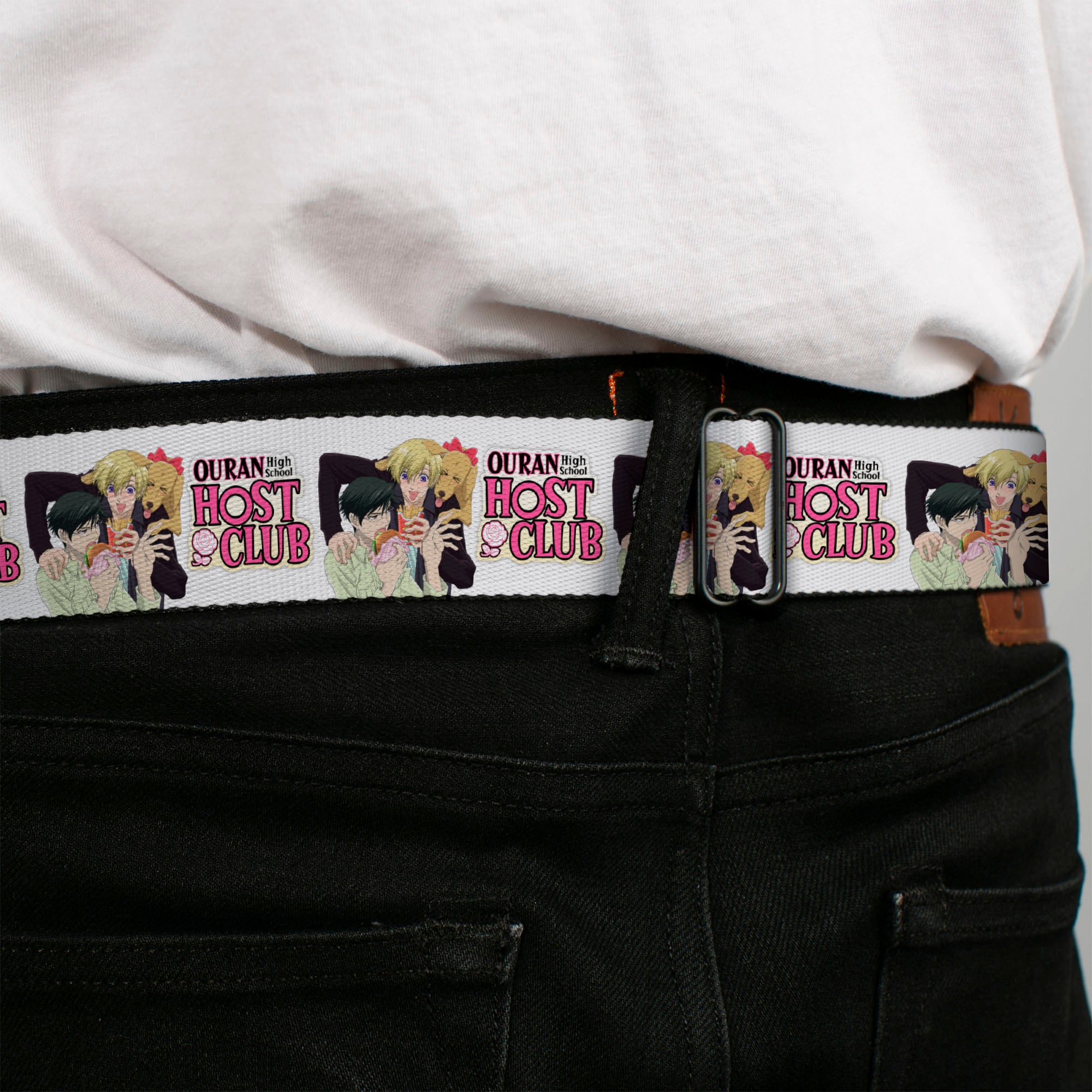 OURAN HIGH SCHOOL HOST CLUB Title Logo Full Color Black Seatbelt Belt - OURAN HIGH SCHOOL HOST CLUB Kyoya Haruhi and Antoinette Pose and Title Logo White Webbing Seatbelt Belts Ouran High School Host Club