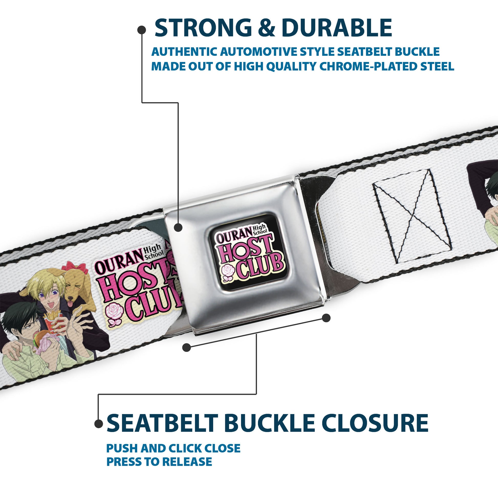 OURAN HIGH SCHOOL HOST CLUB Title Logo Full Color Black Seatbelt Belt - OURAN HIGH SCHOOL HOST CLUB Kyoya Haruhi and Antoinette Pose and Title Logo White Webbing Seatbelt Belts Ouran High School Host Club