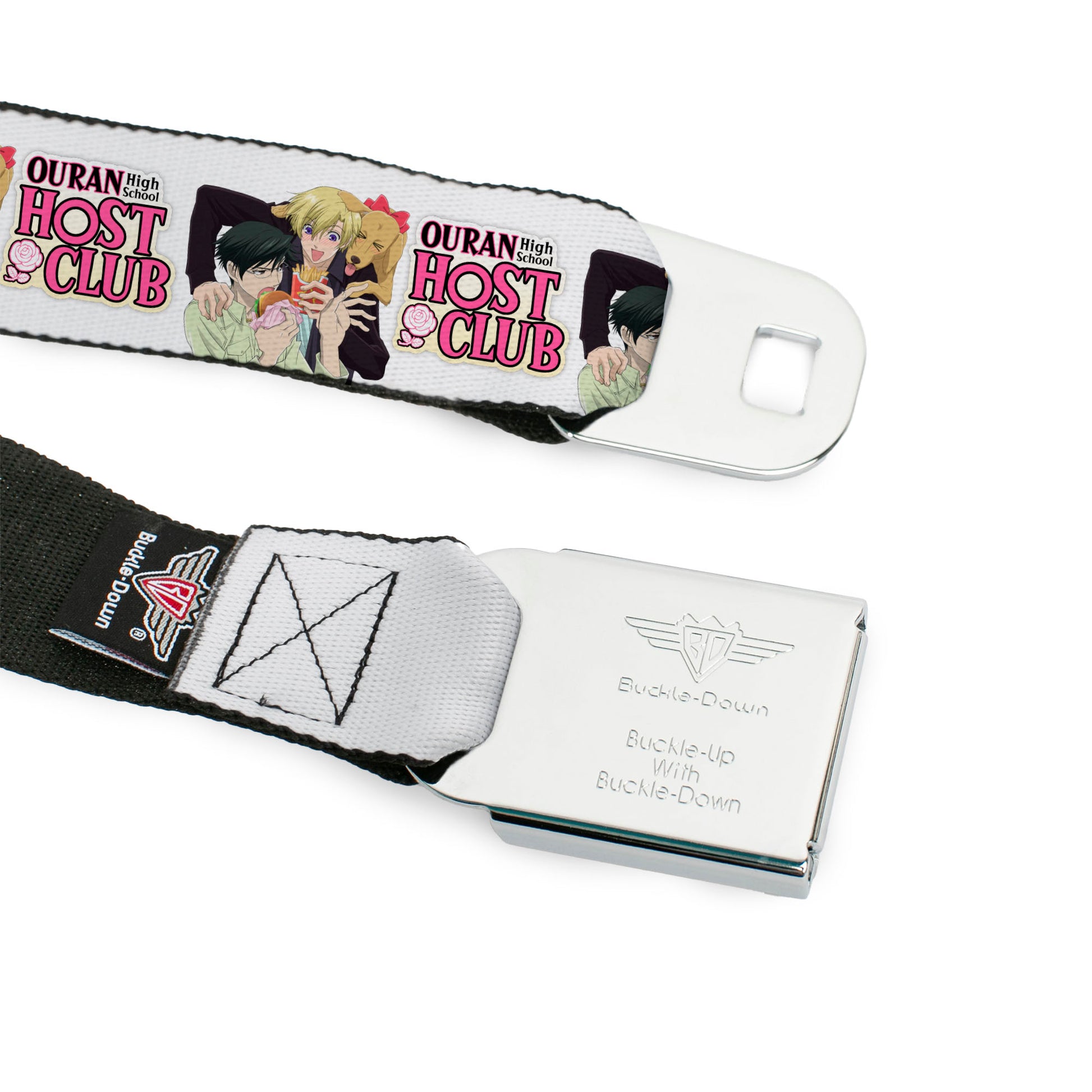 OURAN HIGH SCHOOL HOST CLUB Title Logo Full Color Black Seatbelt Belt - OURAN HIGH SCHOOL HOST CLUB Kyoya Haruhi and Antoinette Pose and Title Logo White Webbing Seatbelt Belts Ouran High School Host Club