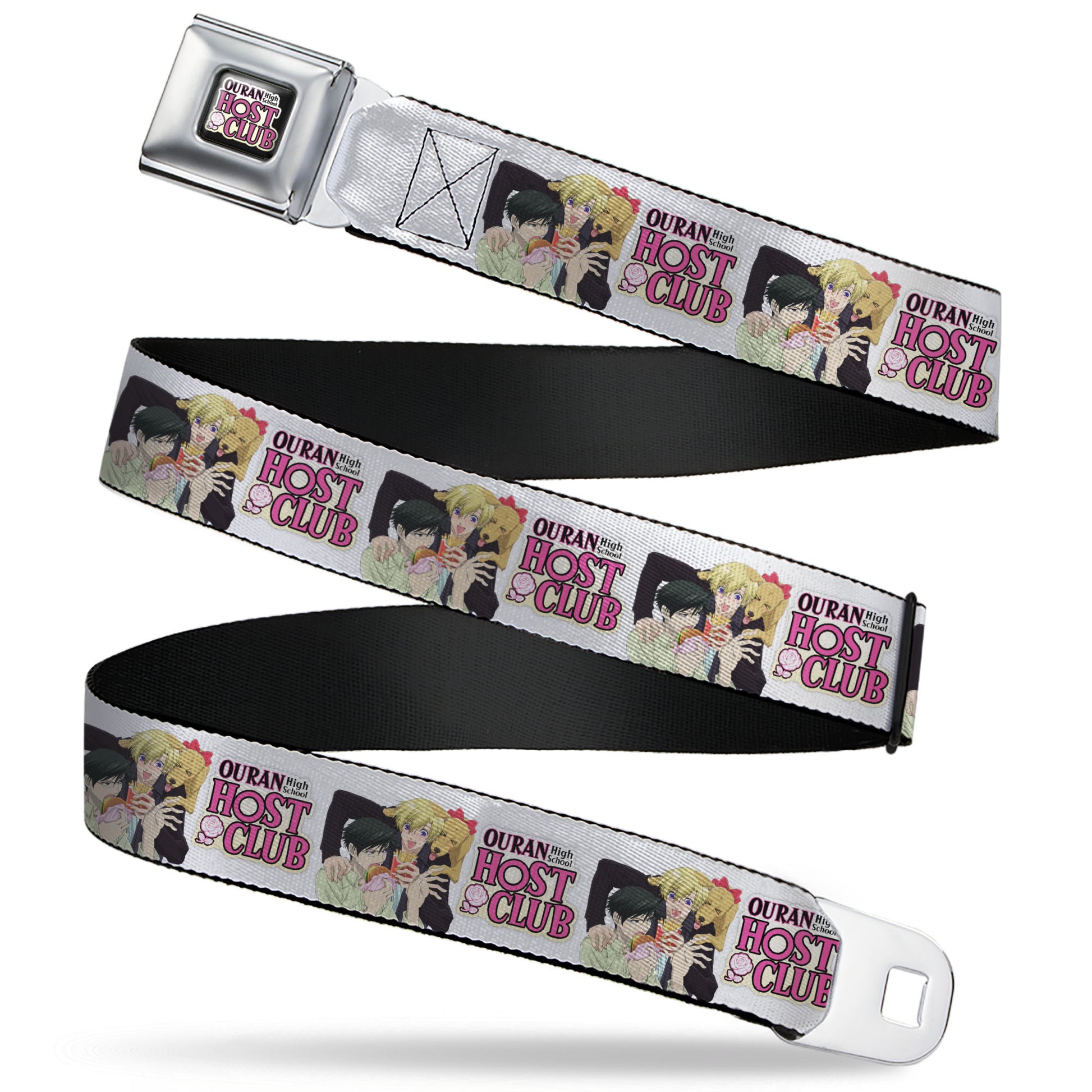 OURAN HIGH SCHOOL HOST CLUB Title Logo Full Color Black Seatbelt Belt - OURAN HIGH SCHOOL HOST CLUB Kyoya Haruhi and Antoinette Pose and Title Logo White Webbing Seatbelt Belts Ouran High School Host Club