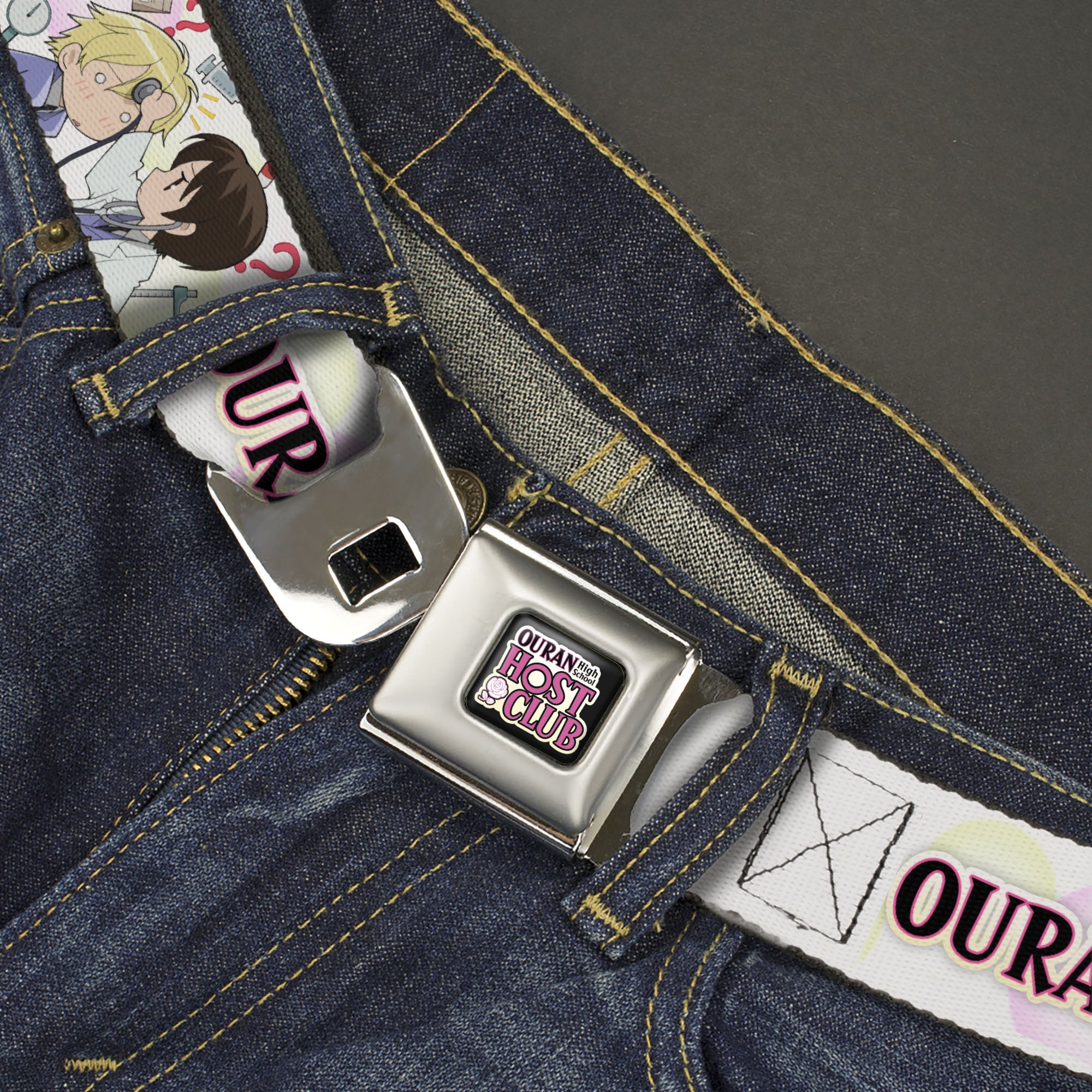 OURAN HIGH SCHOOL HOST CLUB Title Logo Full Color Black Seatbelt Belt - OURAN HIGH SCHOOL Chibi Tamaki and Haruhi Pose and Title Logo White Webbing Seatbelt Belts Ouran High School Host Club