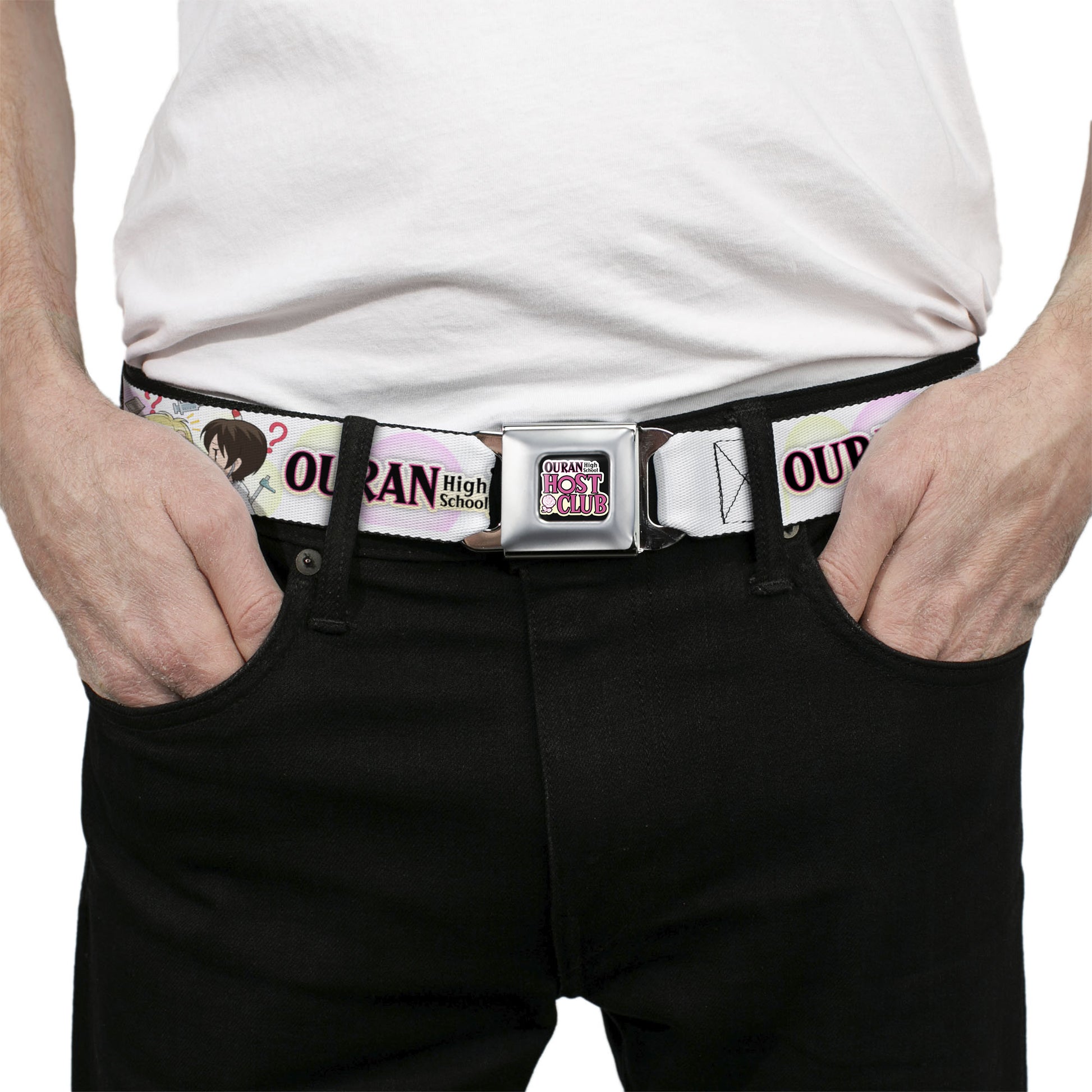 OURAN HIGH SCHOOL HOST CLUB Title Logo Full Color Black Seatbelt Belt - OURAN HIGH SCHOOL Chibi Tamaki and Haruhi Pose and Title Logo White Webbing Seatbelt Belts Ouran High School Host Club
