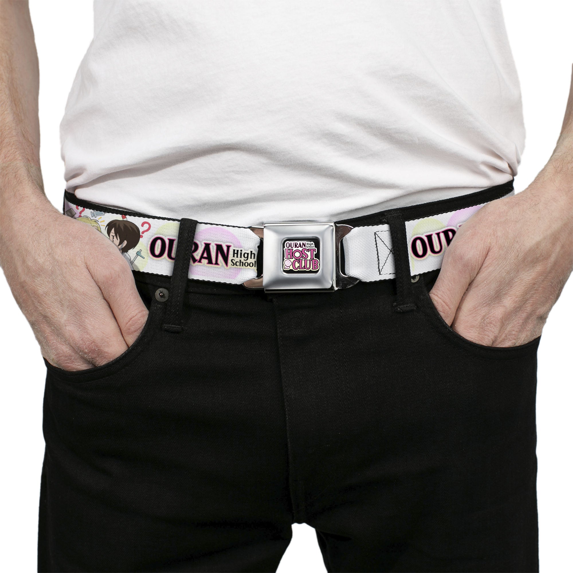 OURAN HIGH SCHOOL HOST CLUB Title Logo Full Color Black Seatbelt Belt - OURAN HIGH SCHOOL Chibi Tamaki and Haruhi Pose and Title Logo White Webbing Seatbelt Belts Ouran High School Host Club