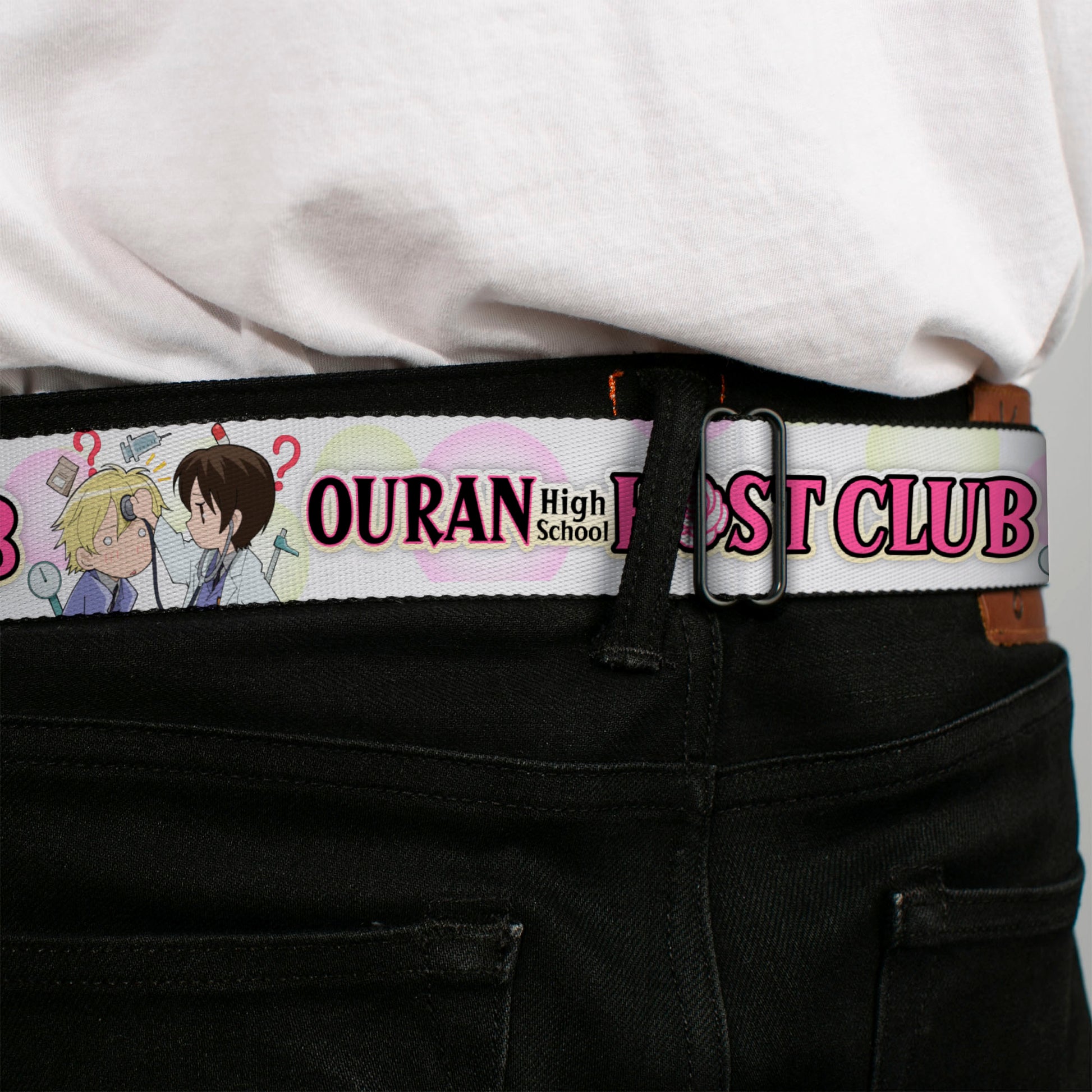 OURAN HIGH SCHOOL HOST CLUB Title Logo Full Color Black Seatbelt Belt - OURAN HIGH SCHOOL Chibi Tamaki and Haruhi Pose and Title Logo White Webbing Seatbelt Belts Ouran High School Host Club