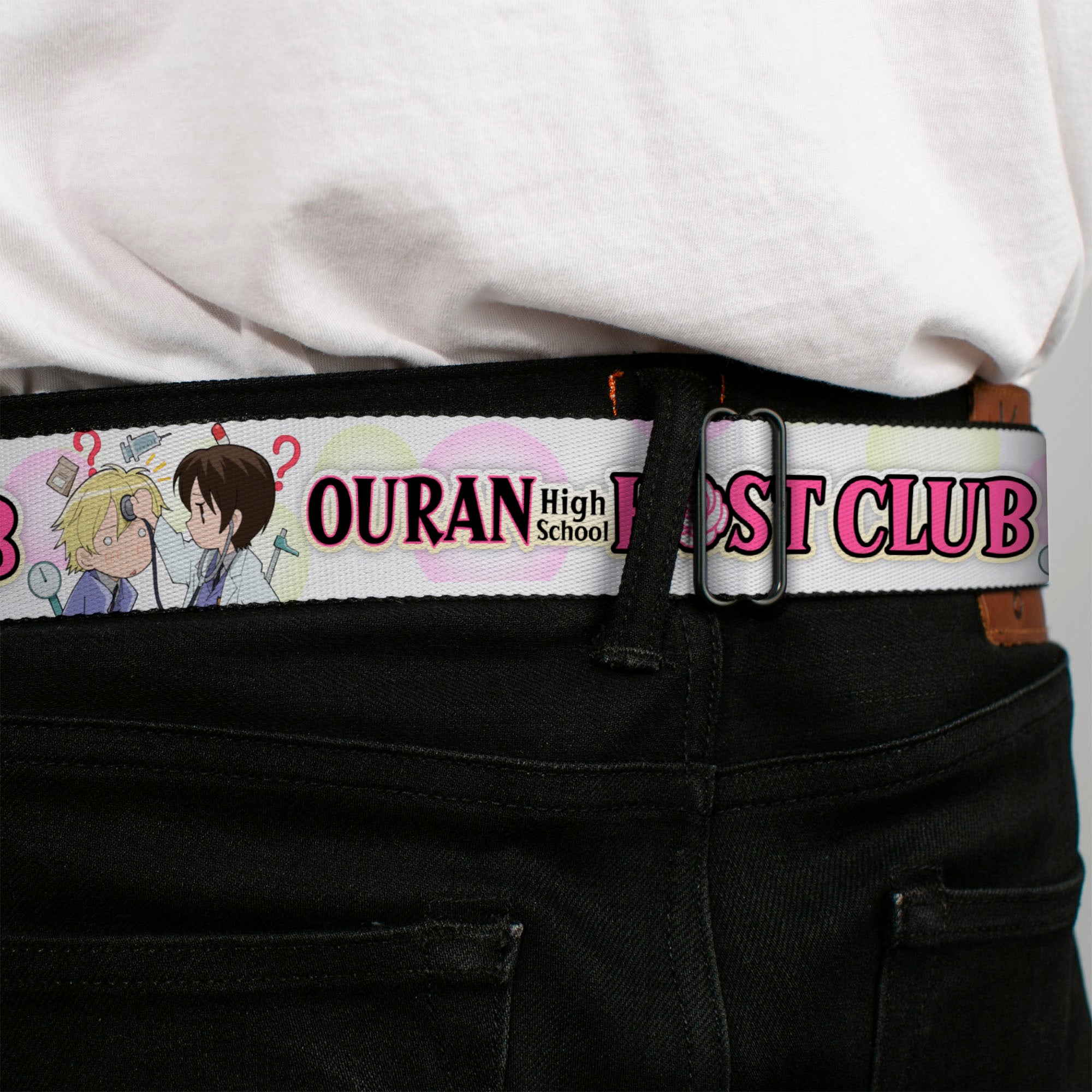 OURAN HIGH SCHOOL HOST CLUB Title Logo Full Color Black Seatbelt Belt - OURAN HIGH SCHOOL Chibi Tamaki and Haruhi Pose and Title Logo White Webbing Seatbelt Belts Ouran High School Host Club