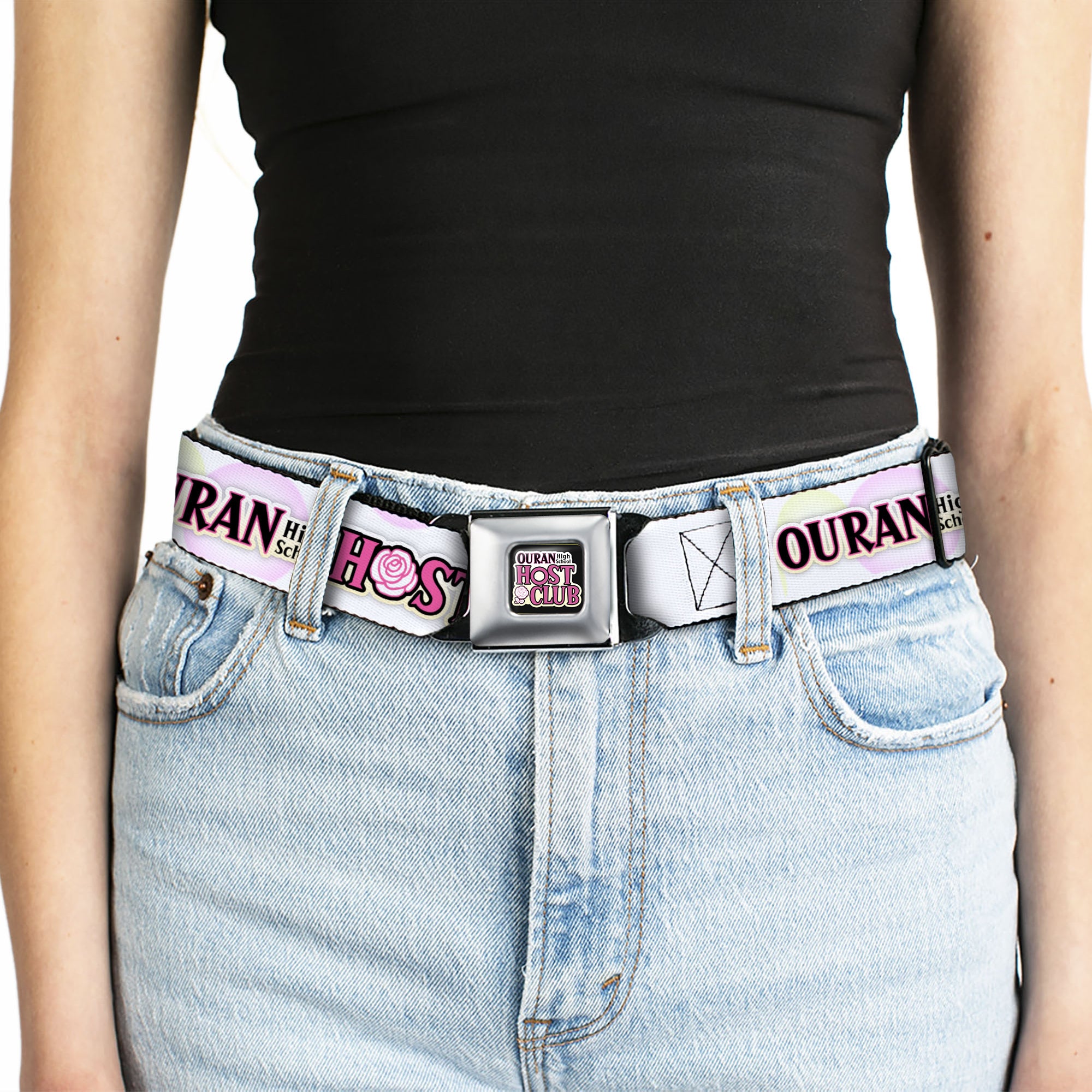 OURAN HIGH SCHOOL HOST CLUB Title Logo Full Color Black Seatbelt Belt - OURAN HIGH SCHOOL Chibi Tamaki and Haruhi Pose and Title Logo White Webbing Seatbelt Belts Ouran High School Host Club