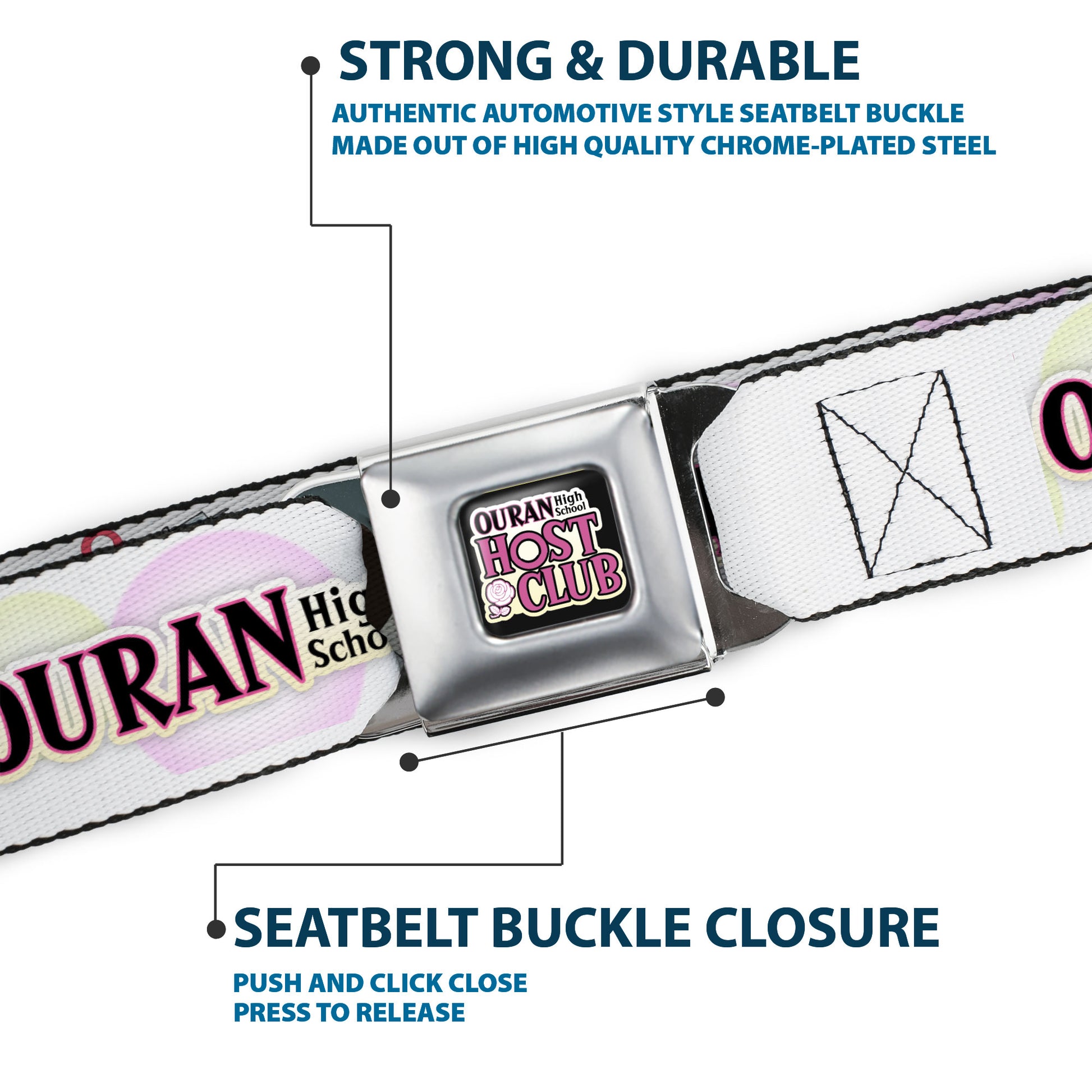 OURAN HIGH SCHOOL HOST CLUB Title Logo Full Color Black Seatbelt Belt - OURAN HIGH SCHOOL Chibi Tamaki and Haruhi Pose and Title Logo White Webbing Seatbelt Belts Ouran High School Host Club