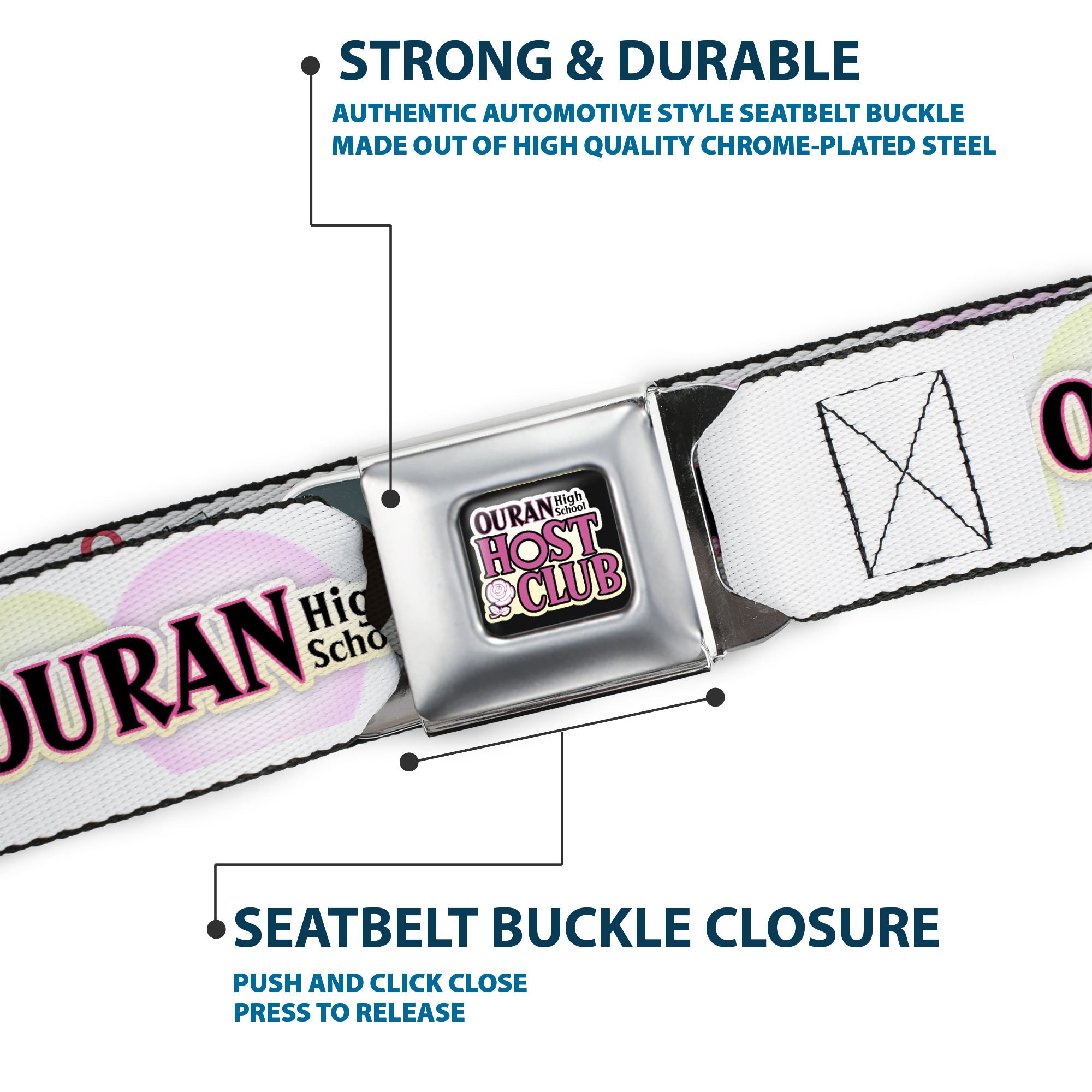 OURAN HIGH SCHOOL HOST CLUB Title Logo Full Color Black Seatbelt Belt - OURAN HIGH SCHOOL Chibi Tamaki and Haruhi Pose and Title Logo White Webbing Seatbelt Belts Ouran High School Host Club