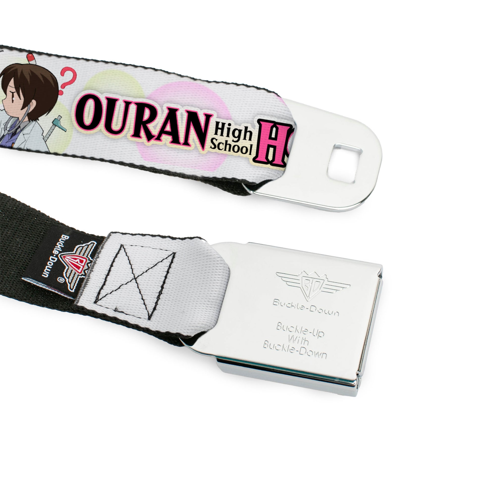 OURAN HIGH SCHOOL HOST CLUB Title Logo Full Color Black Seatbelt Belt - OURAN HIGH SCHOOL Chibi Tamaki and Haruhi Pose and Title Logo White Webbing Seatbelt Belts Ouran High School Host Club