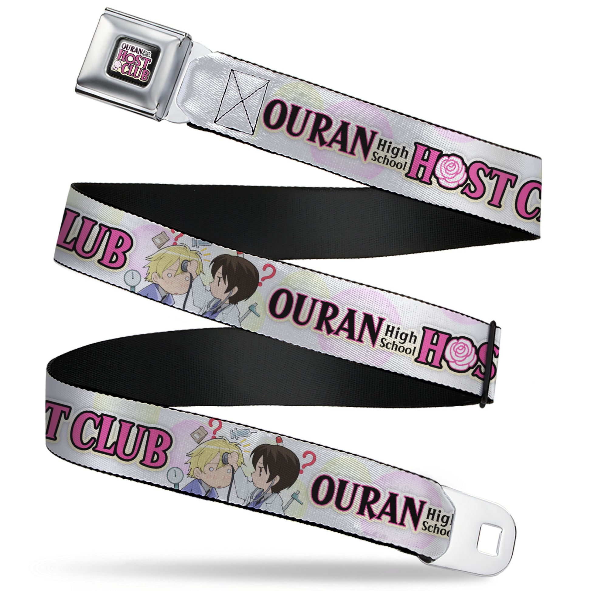 OURAN HIGH SCHOOL HOST CLUB Title Logo Full Color Black Seatbelt Belt - OURAN HIGH SCHOOL Chibi Tamaki and Haruhi Pose and Title Logo White Webbing Seatbelt Belts Ouran High School Host Club