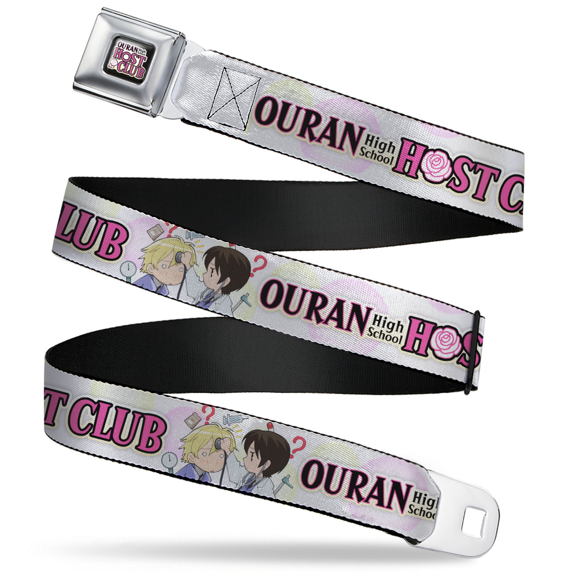 OURAN HIGH SCHOOL HOST CLUB Title Logo Full Color Black Seatbelt Belt - OURAN HIGH SCHOOL Chibi Tamaki and Haruhi Pose and Title Logo White Webbing Seatbelt Belts Ouran High School Host Club