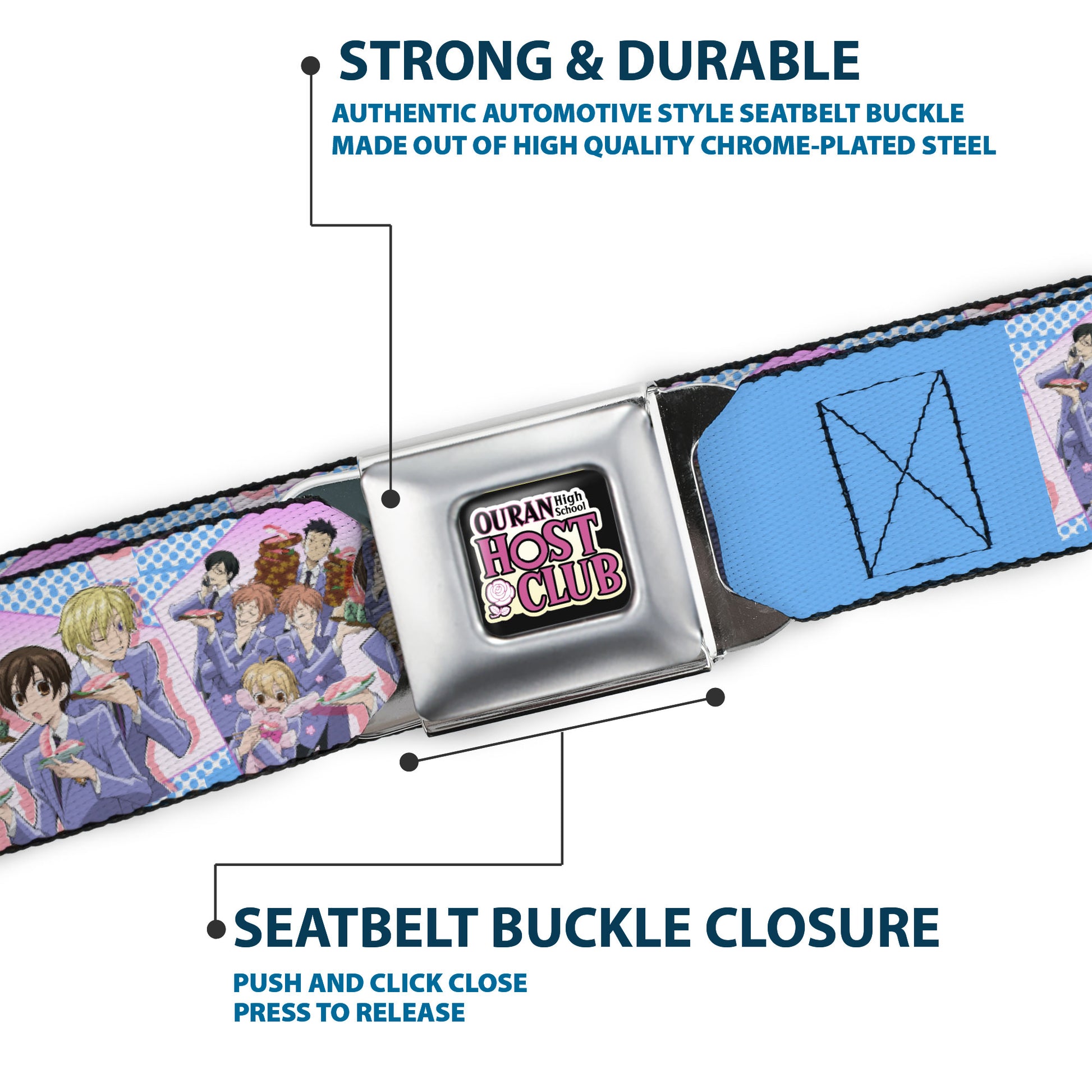 OURAN HIGH SCHOOL HOST CLUB Title Logo Full Color Black Seatbelt Belt - Ouran High School Host Club Seven Character Sushi Dining Pose Pink/Blue Webbing Seatbelt Belts Ouran High School Host Club