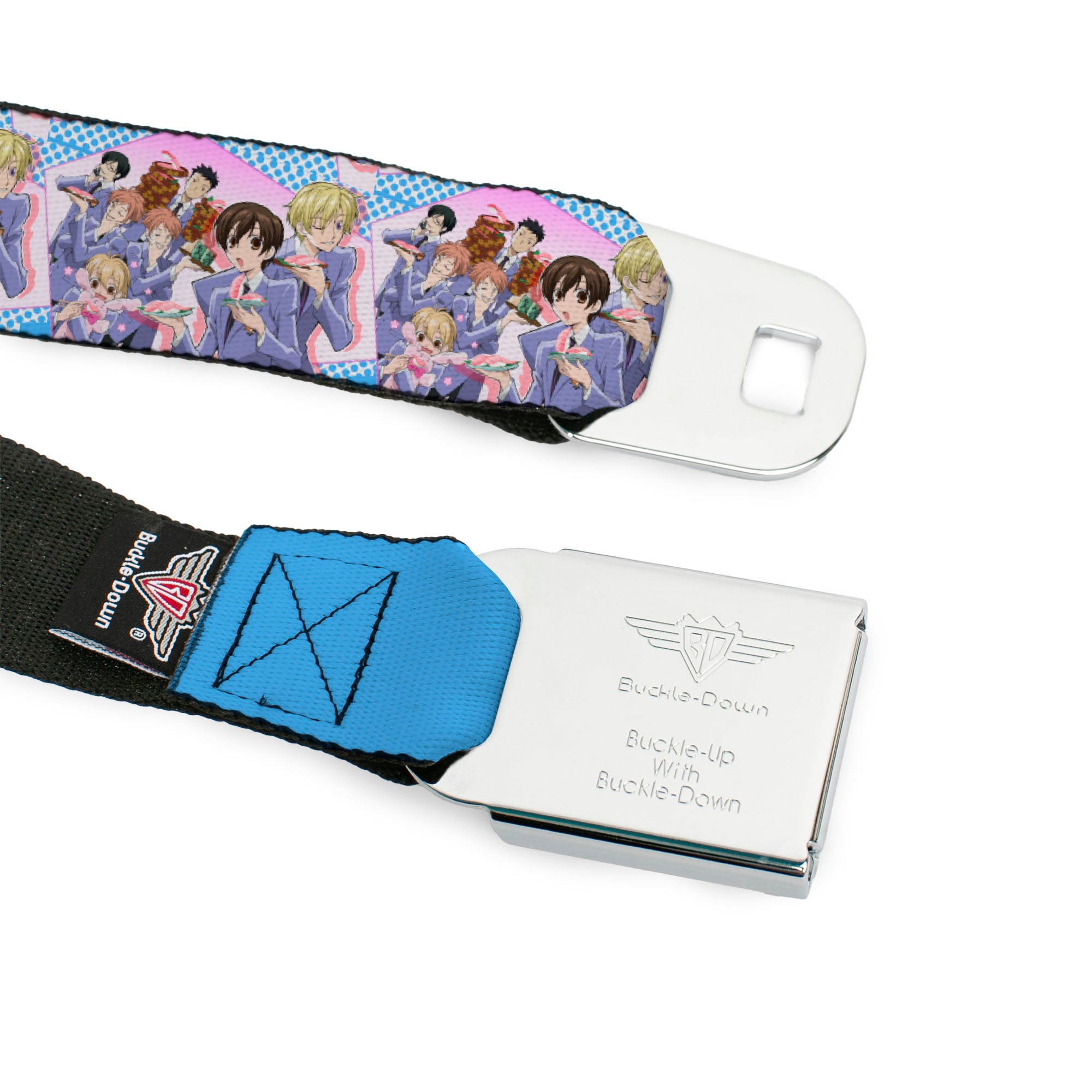 OURAN HIGH SCHOOL HOST CLUB Title Logo Full Color Black Seatbelt Belt - Ouran High School Host Club Seven Character Sushi Dining Pose Pink/Blue Webbing Seatbelt Belts Ouran High School Host Club