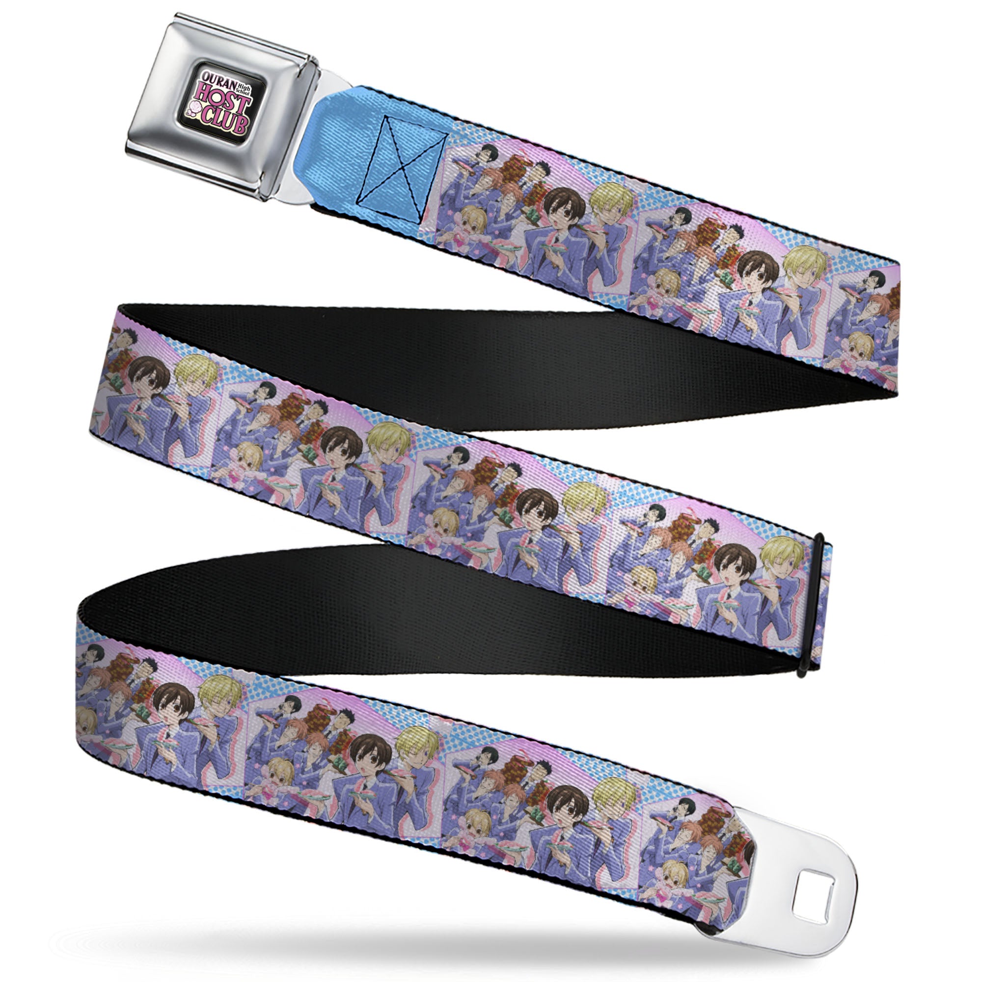 OURAN HIGH SCHOOL HOST CLUB Title Logo Full Color Black Seatbelt Belt - Ouran High School Host Club Seven Character Sushi Dining Pose Pink/Blue Webbing Seatbelt Belts Ouran High School Host Club