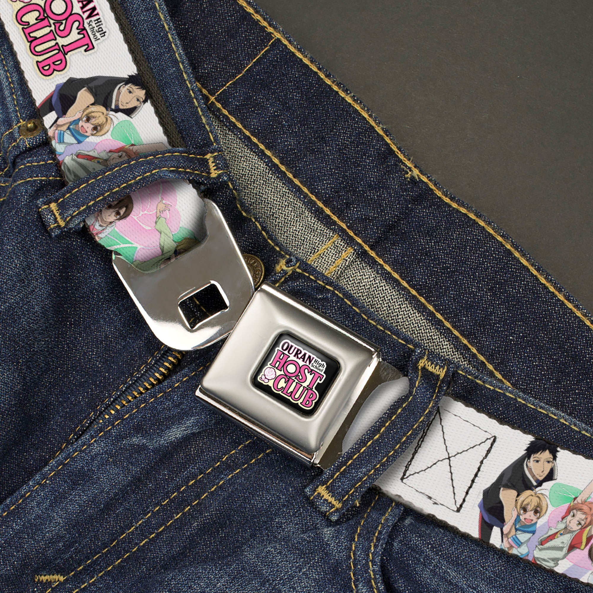 OURAN HIGH SCHOOL HOST CLUB Title Logo Full Color Black Seatbelt Belt - OURAN HIGH SCHOOL Seven Character Group Pose and Title Logo White Webbing Seatbelt Belts Ouran High School Host Club