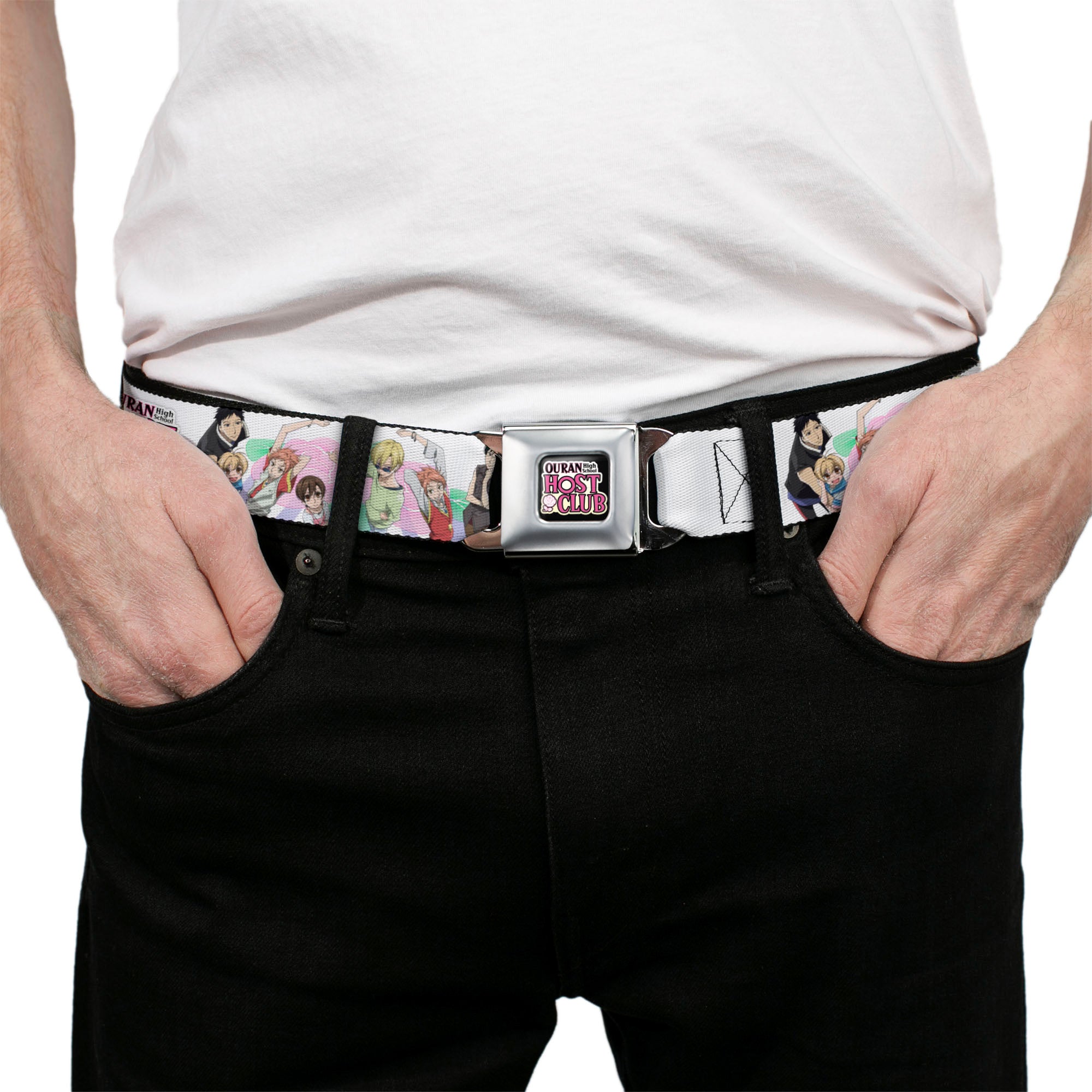 OURAN HIGH SCHOOL HOST CLUB Title Logo Full Color Black Seatbelt Belt - OURAN HIGH SCHOOL Seven Character Group Pose and Title Logo White Webbing Seatbelt Belts Ouran High School Host Club