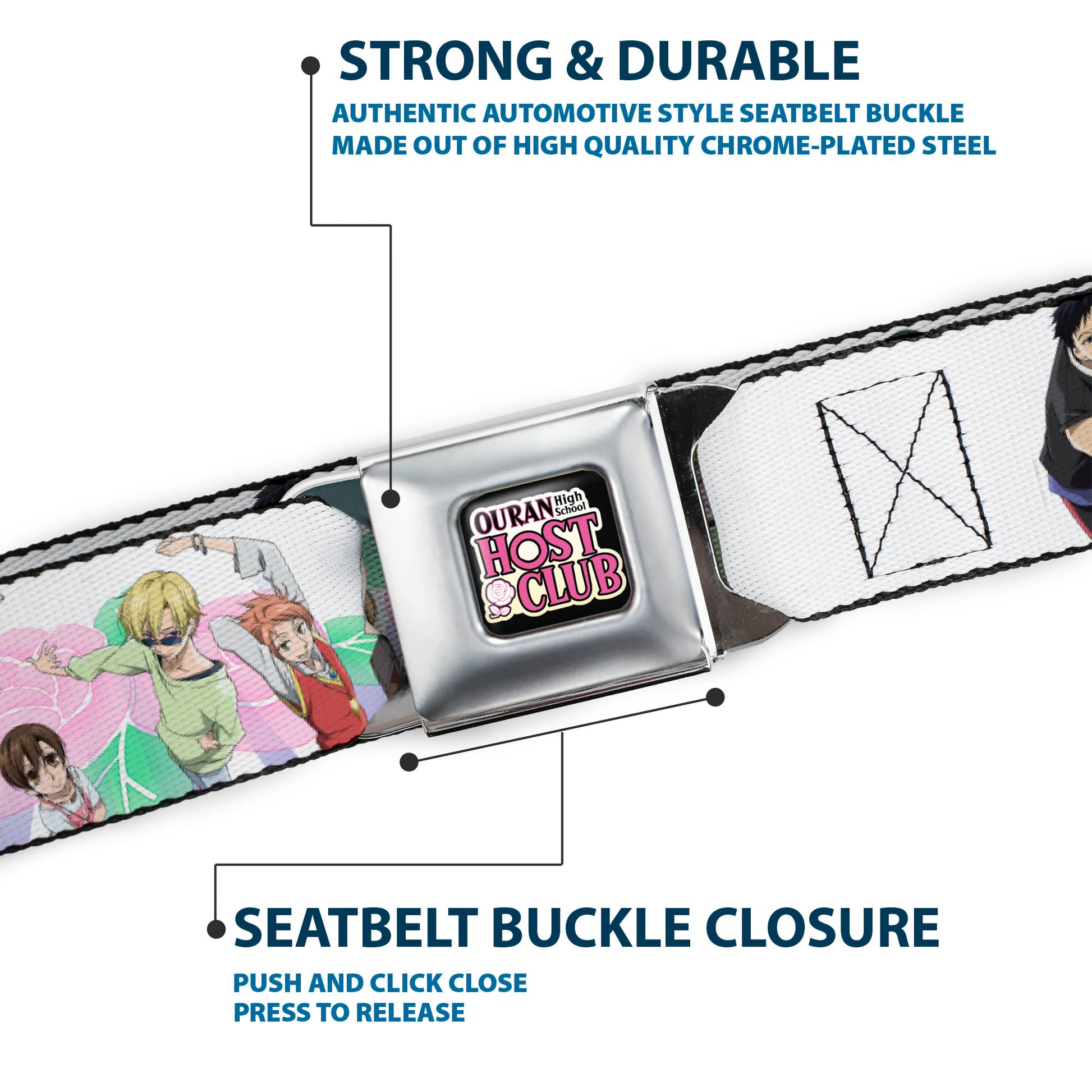 OURAN HIGH SCHOOL HOST CLUB Title Logo Full Color Black Seatbelt Belt - OURAN HIGH SCHOOL Seven Character Group Pose and Title Logo White Webbing Seatbelt Belts Ouran High School Host Club