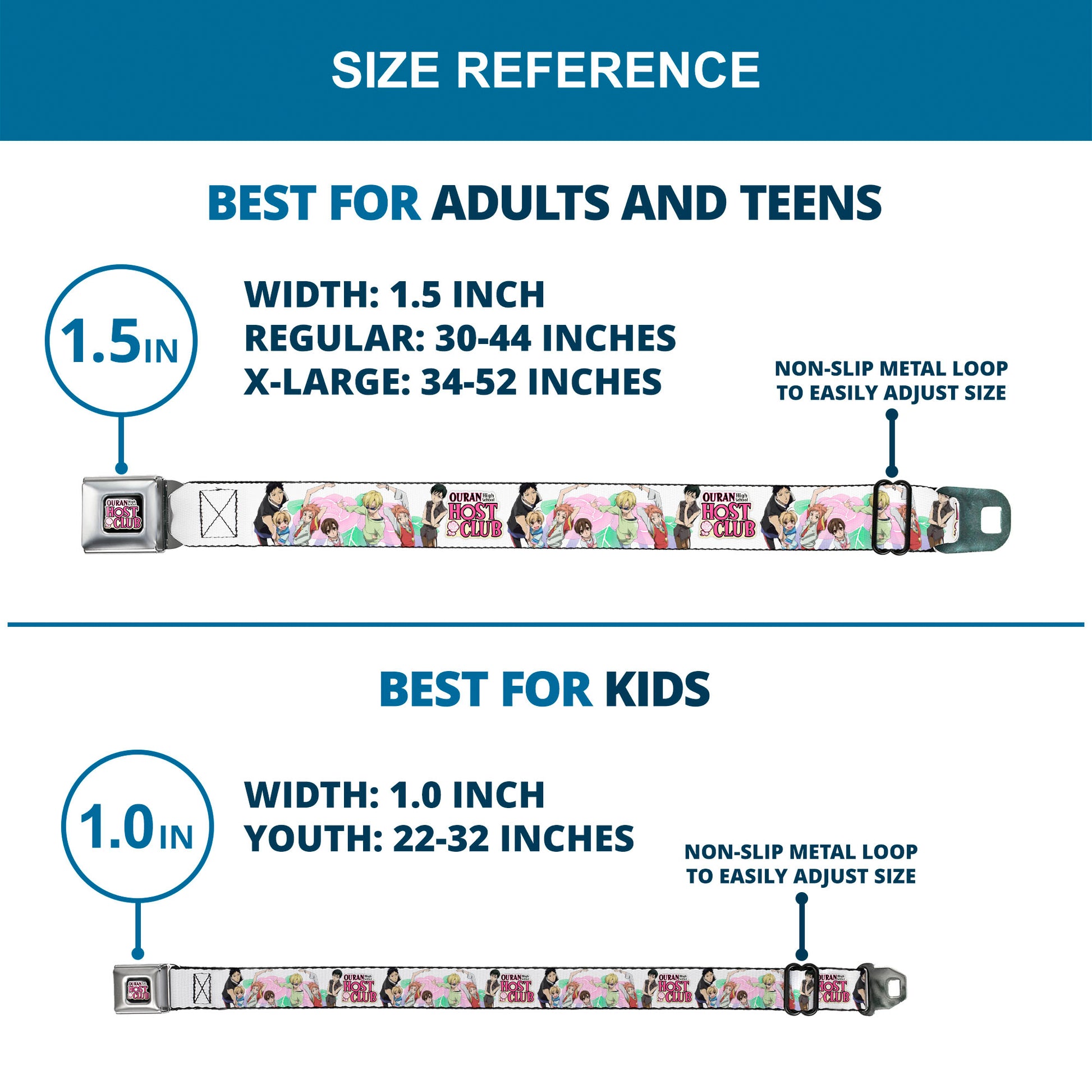 OURAN HIGH SCHOOL HOST CLUB Title Logo Full Color Black Seatbelt Belt - OURAN HIGH SCHOOL Seven Character Group Pose and Title Logo White Webbing Seatbelt Belts Ouran High School Host Club