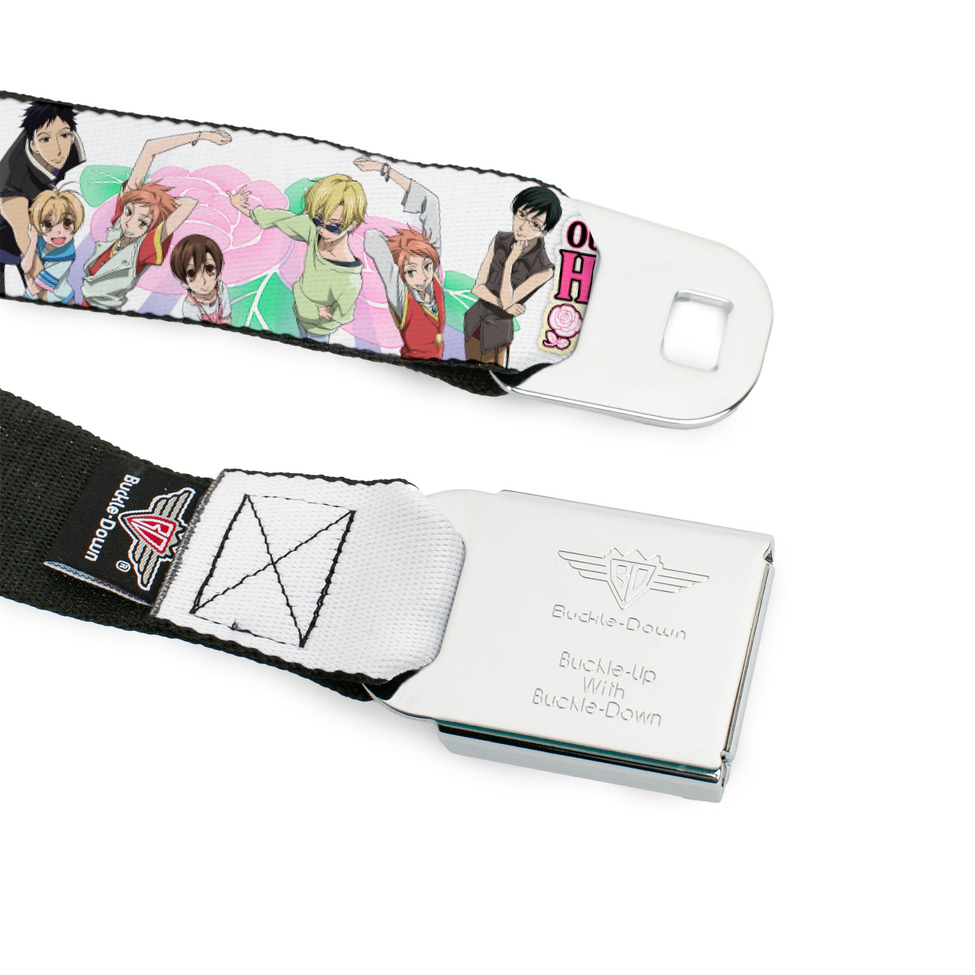 OURAN HIGH SCHOOL HOST CLUB Title Logo Full Color Black Seatbelt Belt - OURAN HIGH SCHOOL Seven Character Group Pose and Title Logo White Webbing Seatbelt Belts Ouran High School Host Club