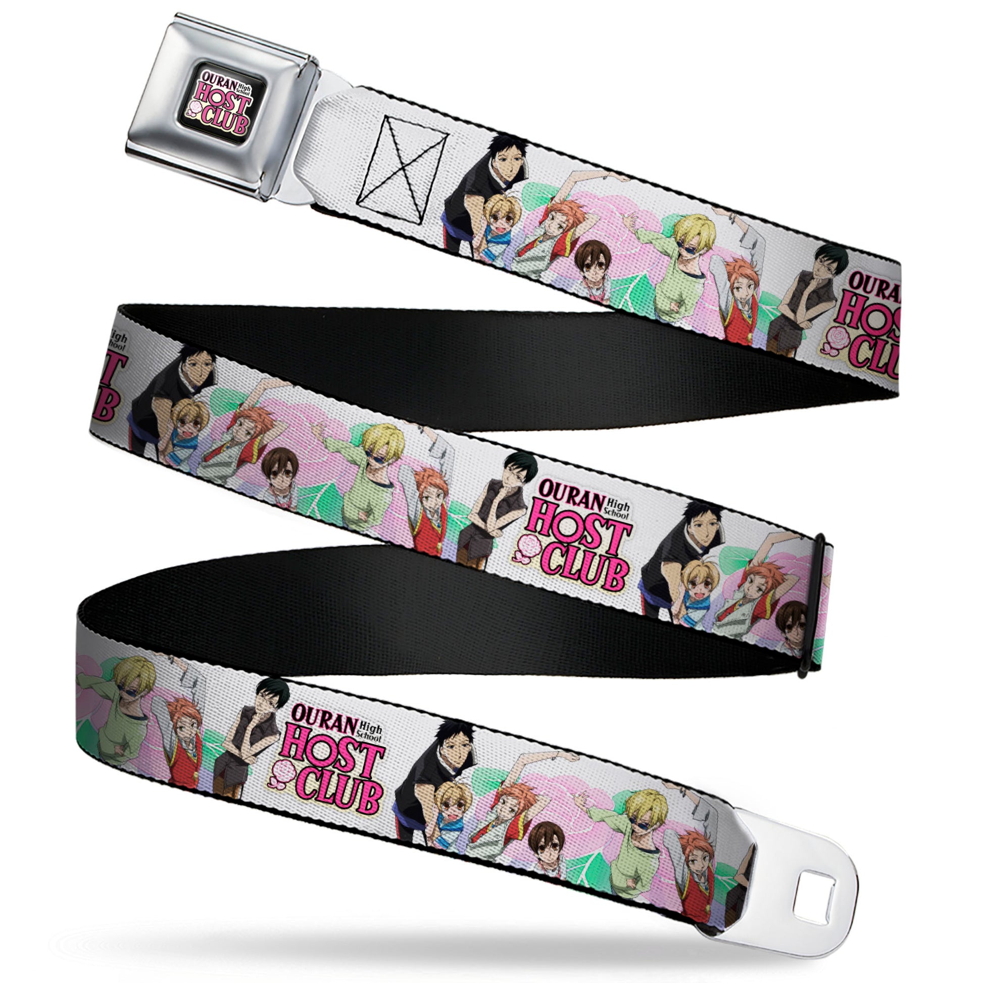 OURAN HIGH SCHOOL HOST CLUB Title Logo Full Color Black Seatbelt Belt - OURAN HIGH SCHOOL Seven Character Group Pose and Title Logo White Webbing Seatbelt Belts Ouran High School Host Club