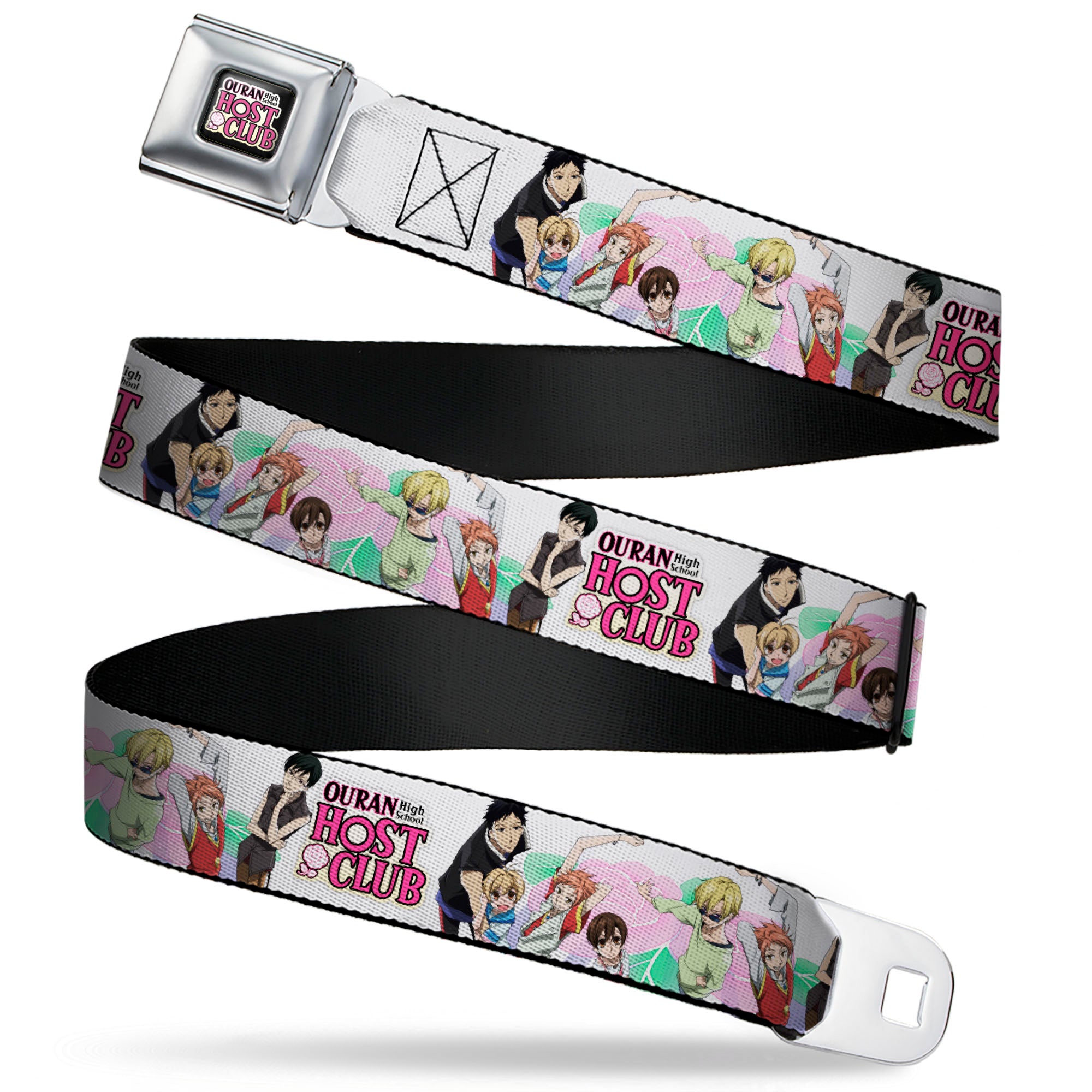 OURAN HIGH SCHOOL HOST CLUB Title Logo Full Color Black Seatbelt Belt - OURAN HIGH SCHOOL Seven Character Group Pose and Title Logo White Webbing Seatbelt Belts Ouran High School Host Club