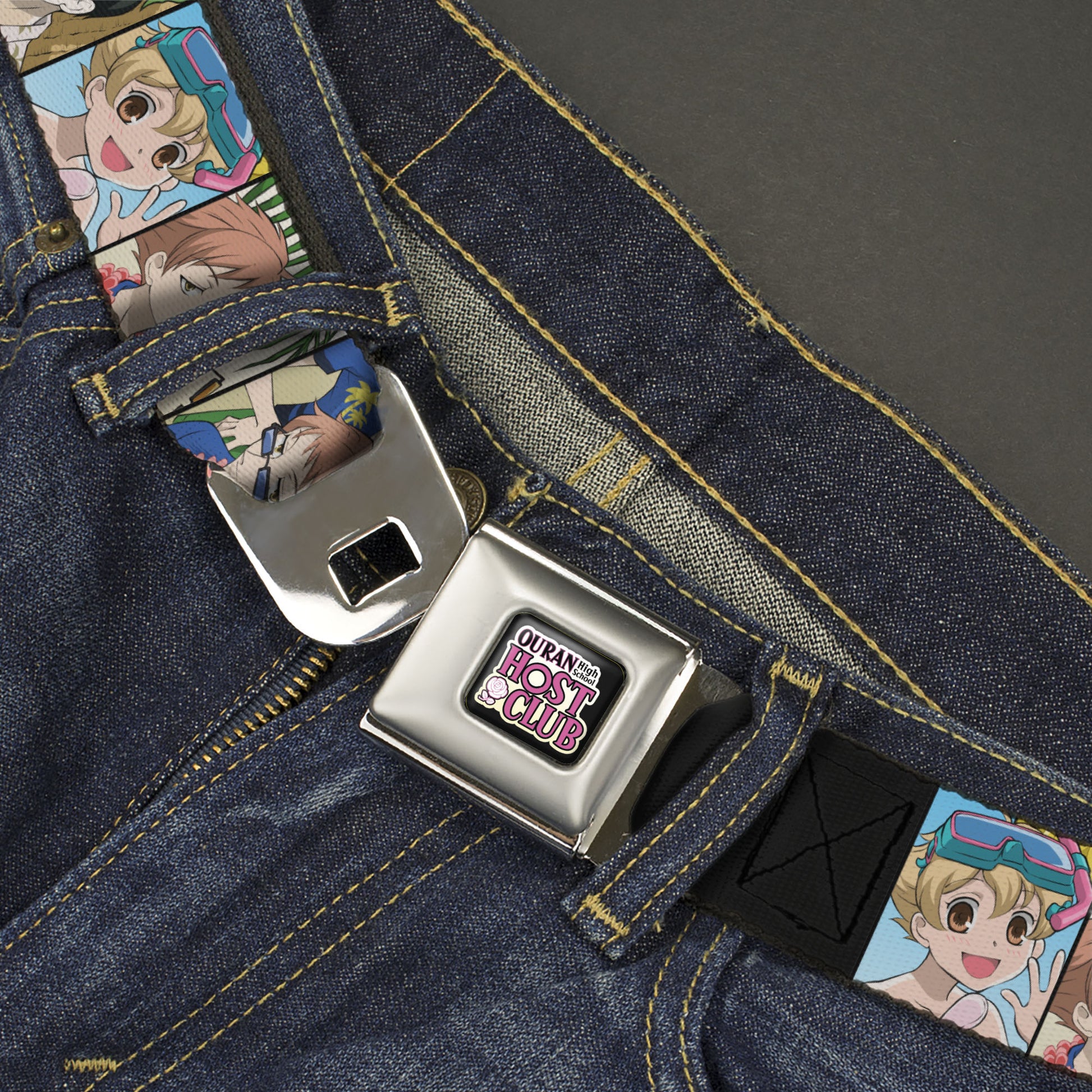 OURAN HIGH SCHOOL HOST CLUB Title Logo Full Color Black Seatbelt Belt - Ouran High School Host Club Seven Character Beach Day Pose Blocks Webbing Seatbelt Belts Ouran High School Host Club
