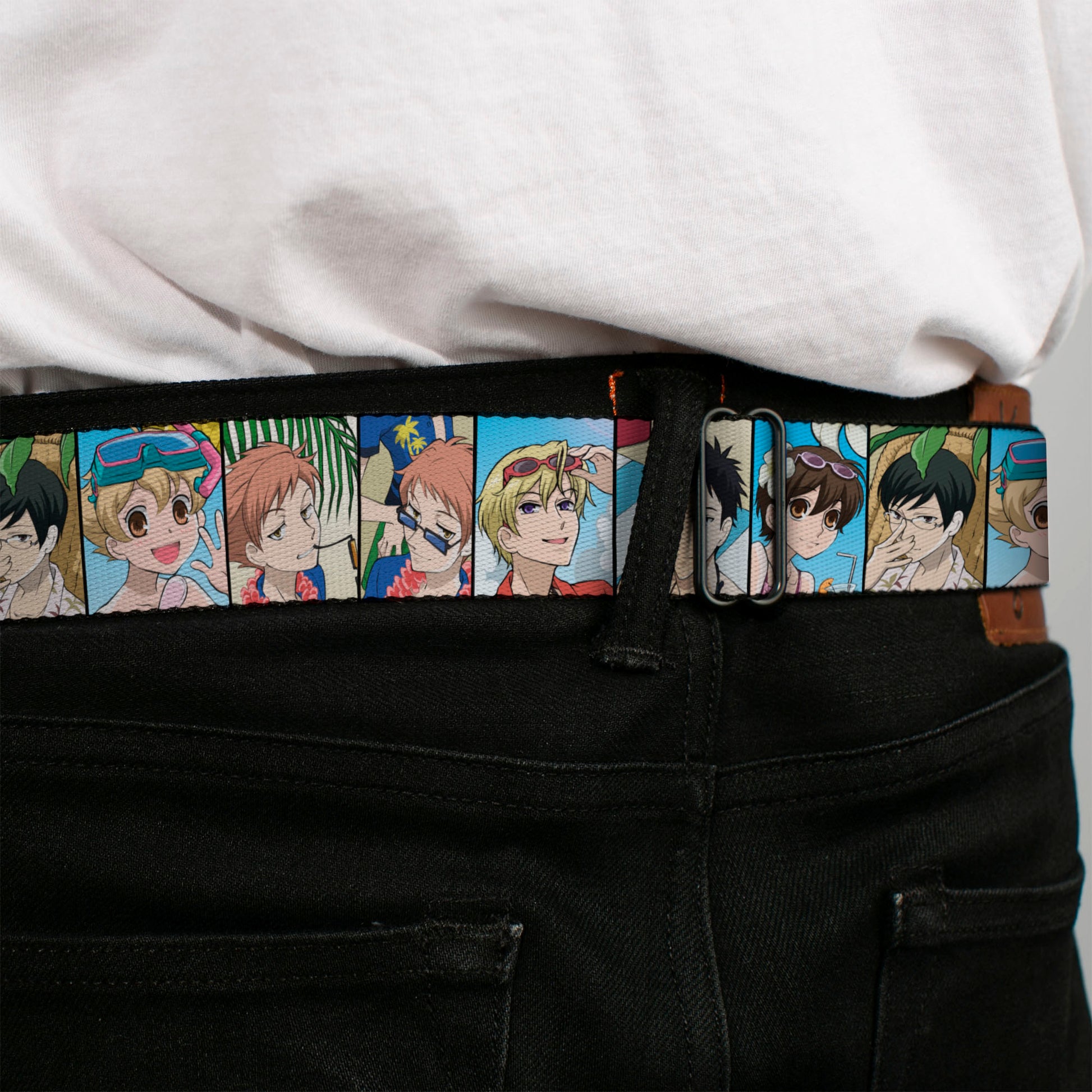 OURAN HIGH SCHOOL HOST CLUB Title Logo Full Color Black Seatbelt Belt - Ouran High School Host Club Seven Character Beach Day Pose Blocks Webbing Seatbelt Belts Ouran High School Host Club