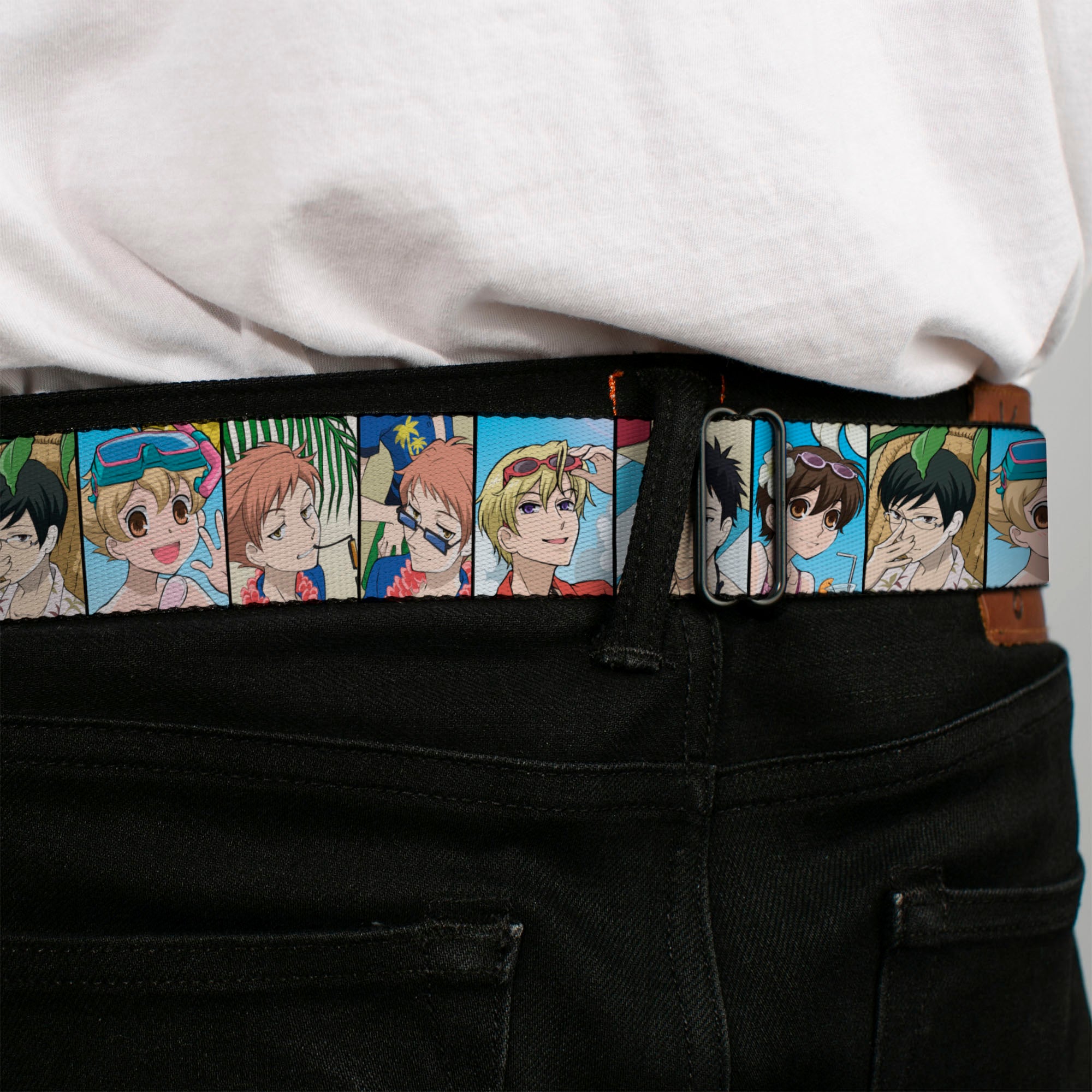 OURAN HIGH SCHOOL HOST CLUB Title Logo Full Color Black Seatbelt Belt - Ouran High School Host Club Seven Character Beach Day Pose Blocks Webbing Seatbelt Belts Ouran High School Host Club