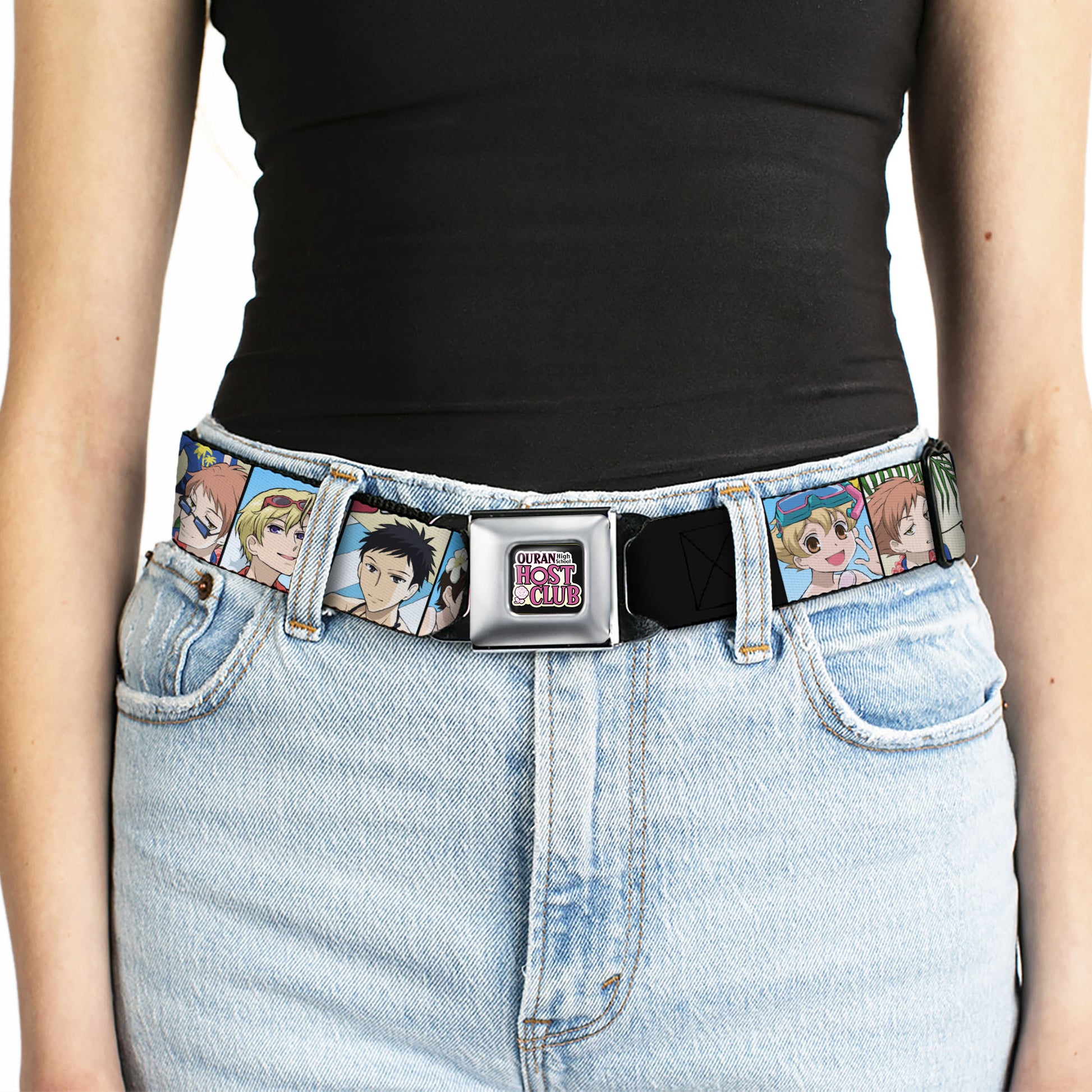 OURAN HIGH SCHOOL HOST CLUB Title Logo Full Color Black Seatbelt Belt - Ouran High School Host Club Seven Character Beach Day Pose Blocks Webbing Seatbelt Belts Ouran High School Host Club