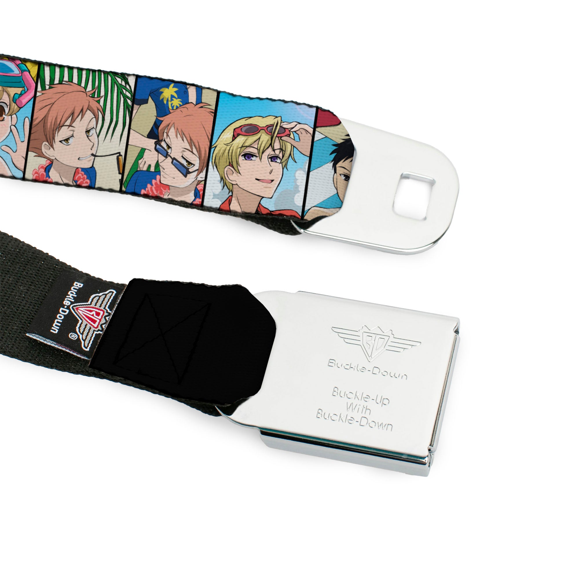 OURAN HIGH SCHOOL HOST CLUB Title Logo Full Color Black Seatbelt Belt - Ouran High School Host Club Seven Character Beach Day Pose Blocks Webbing Seatbelt Belts Ouran High School Host Club
