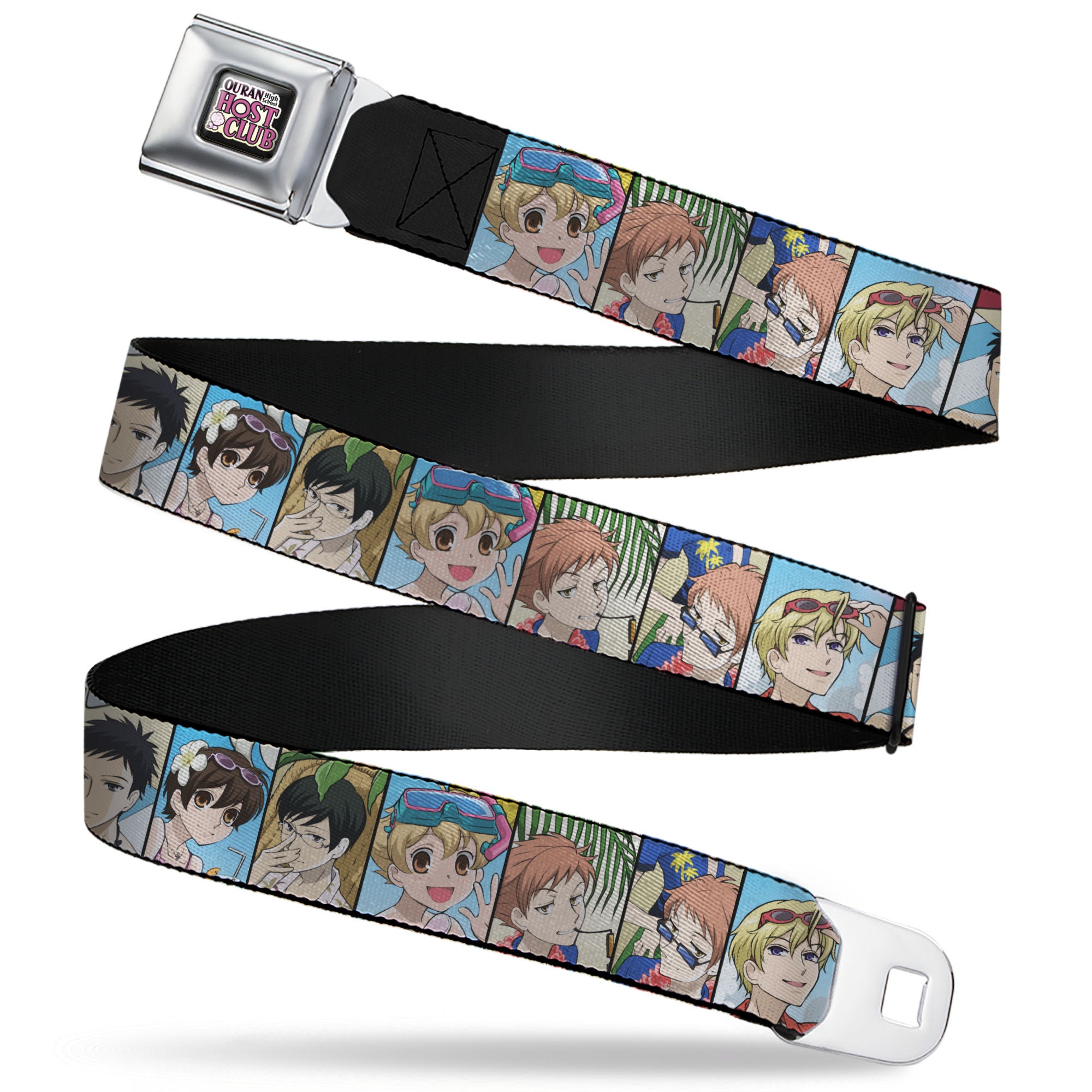 OURAN HIGH SCHOOL HOST CLUB Title Logo Full Color Black Seatbelt Belt - Ouran High School Host Club Seven Character Beach Day Pose Blocks Webbing Seatbelt Belts Ouran High School Host Club