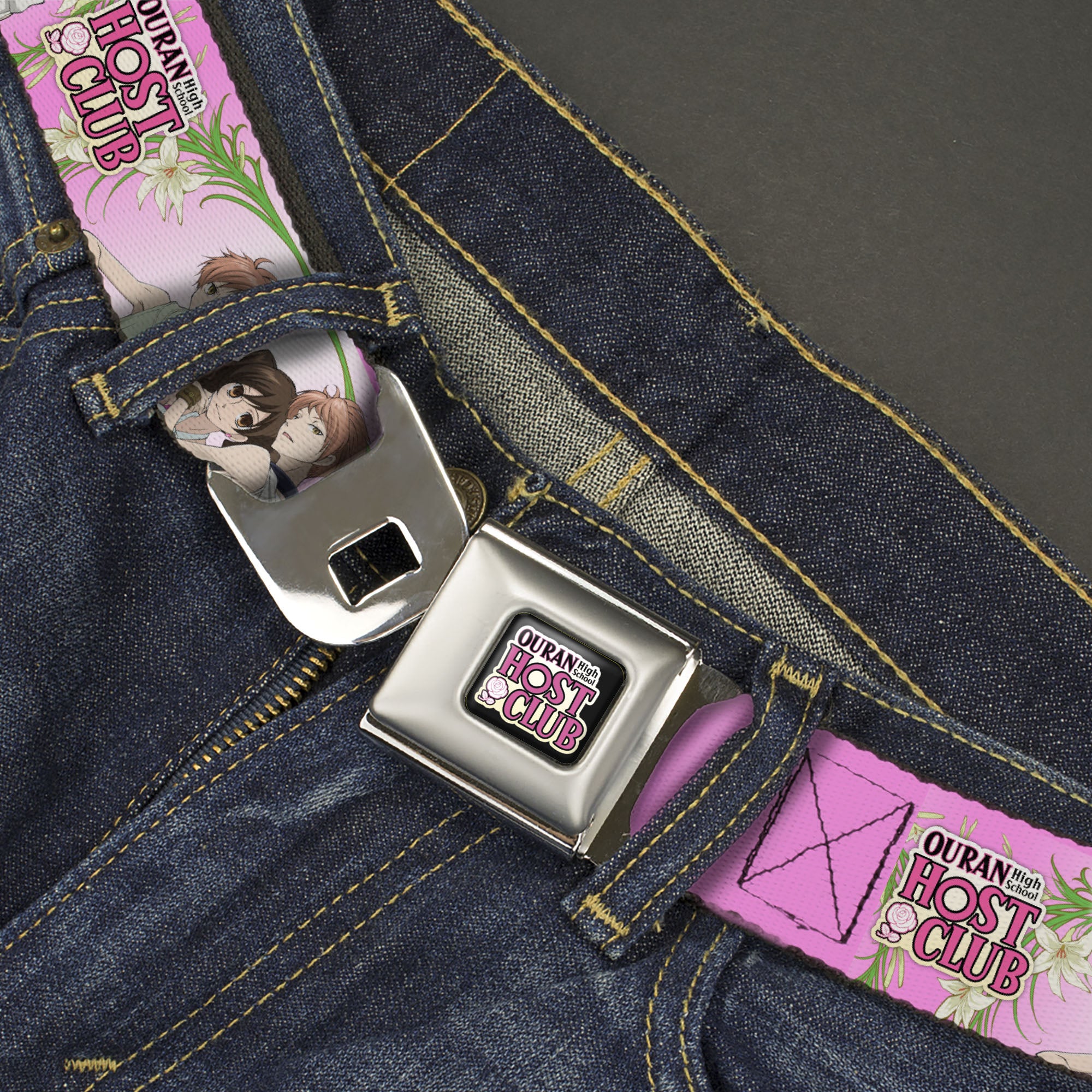 OURAN HIGH SCHOOL HOST CLUB Title Logo Full Color Black Seatbelt Belt - OURAN HIGH SCHOOL HOST CLUB Haruhi and Hitachiin Twins Lilies Pose and Title Logo Pinks Webbing Seatbelt Belts Ouran High School Host Club