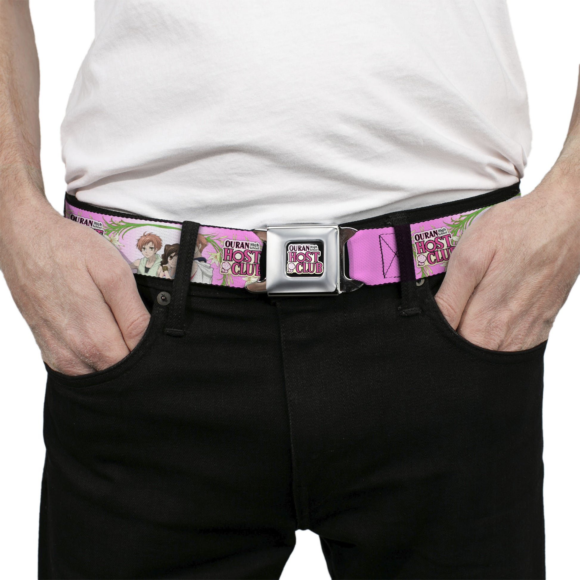 OURAN HIGH SCHOOL HOST CLUB Title Logo Full Color Black Seatbelt Belt - OURAN HIGH SCHOOL HOST CLUB Haruhi and Hitachiin Twins Lilies Pose and Title Logo Pinks Webbing Seatbelt Belts Ouran High School Host Club