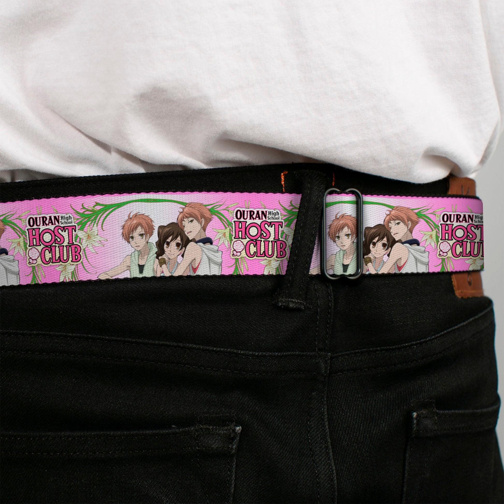 OURAN HIGH SCHOOL HOST CLUB Title Logo Full Color Black Seatbelt Belt - OURAN HIGH SCHOOL HOST CLUB Haruhi and Hitachiin Twins Lilies Pose and Title Logo Pinks Webbing Seatbelt Belts Ouran High School Host Club