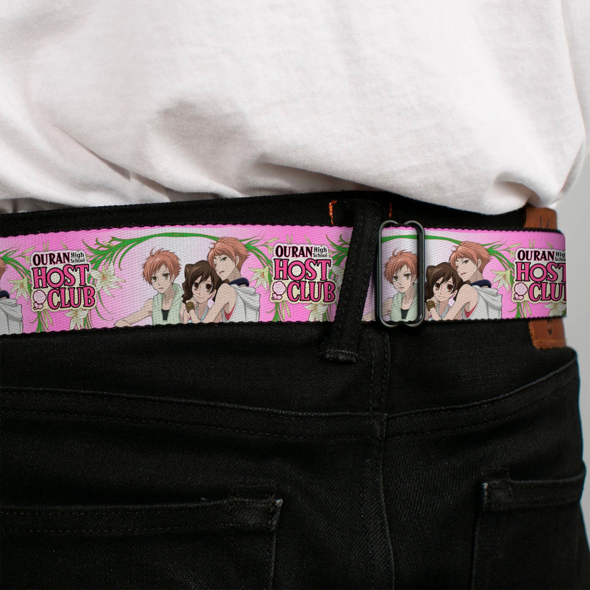 OURAN HIGH SCHOOL HOST CLUB Title Logo Full Color Black Seatbelt Belt - OURAN HIGH SCHOOL HOST CLUB Haruhi and Hitachiin Twins Lilies Pose and Title Logo Pinks Webbing Seatbelt Belts Ouran High School Host Club