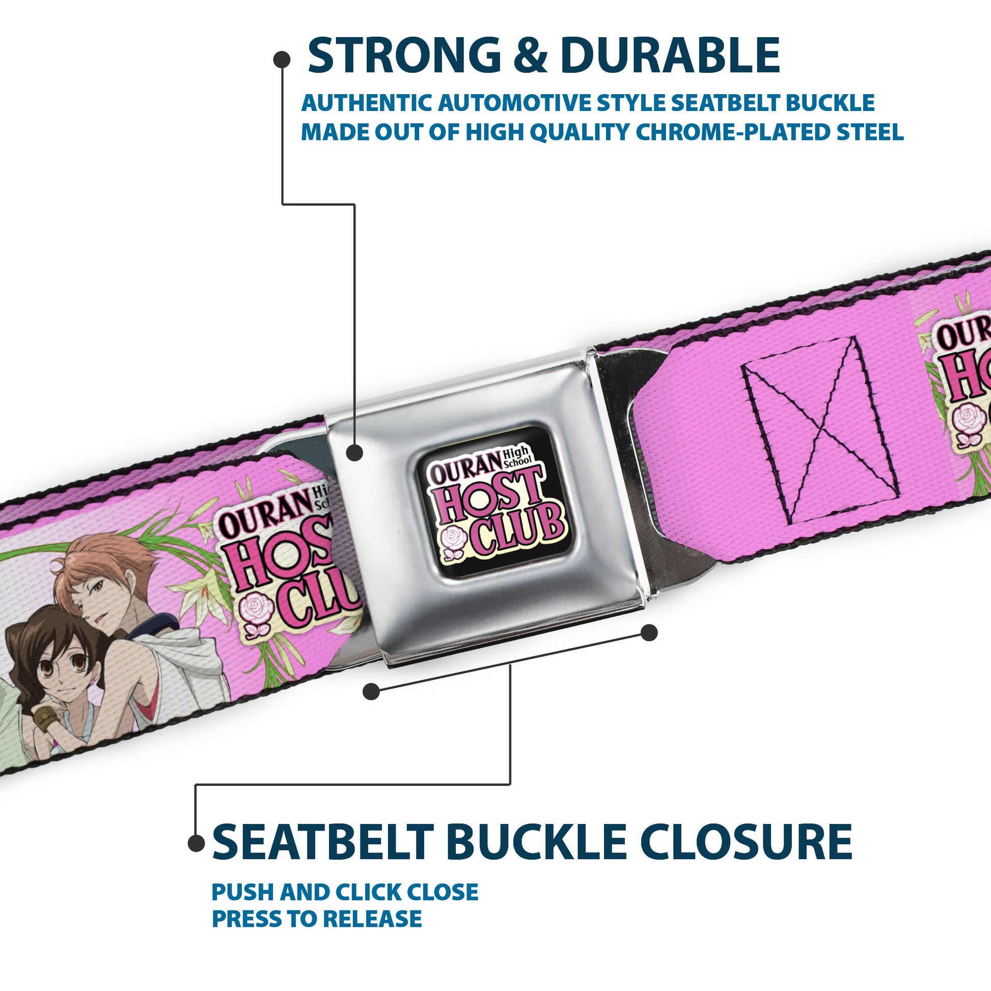 OURAN HIGH SCHOOL HOST CLUB Title Logo Full Color Black Seatbelt Belt - OURAN HIGH SCHOOL HOST CLUB Haruhi and Hitachiin Twins Lilies Pose and Title Logo Pinks Webbing Seatbelt Belts Ouran High School Host Club
