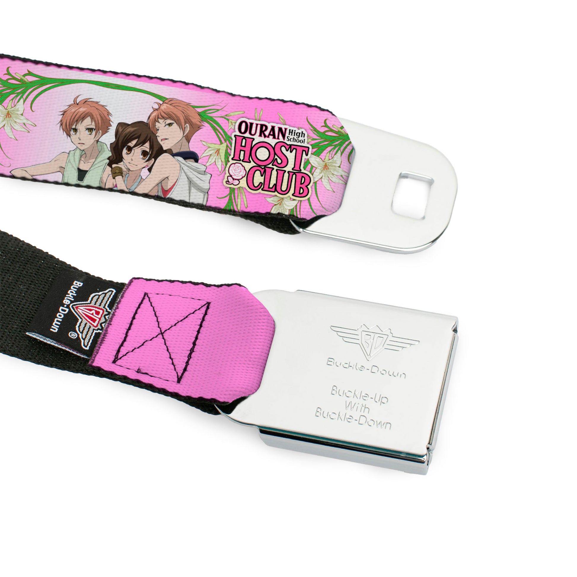 OURAN HIGH SCHOOL HOST CLUB Title Logo Full Color Black Seatbelt Belt - OURAN HIGH SCHOOL HOST CLUB Haruhi and Hitachiin Twins Lilies Pose and Title Logo Pinks Webbing Seatbelt Belts Ouran High School Host Club