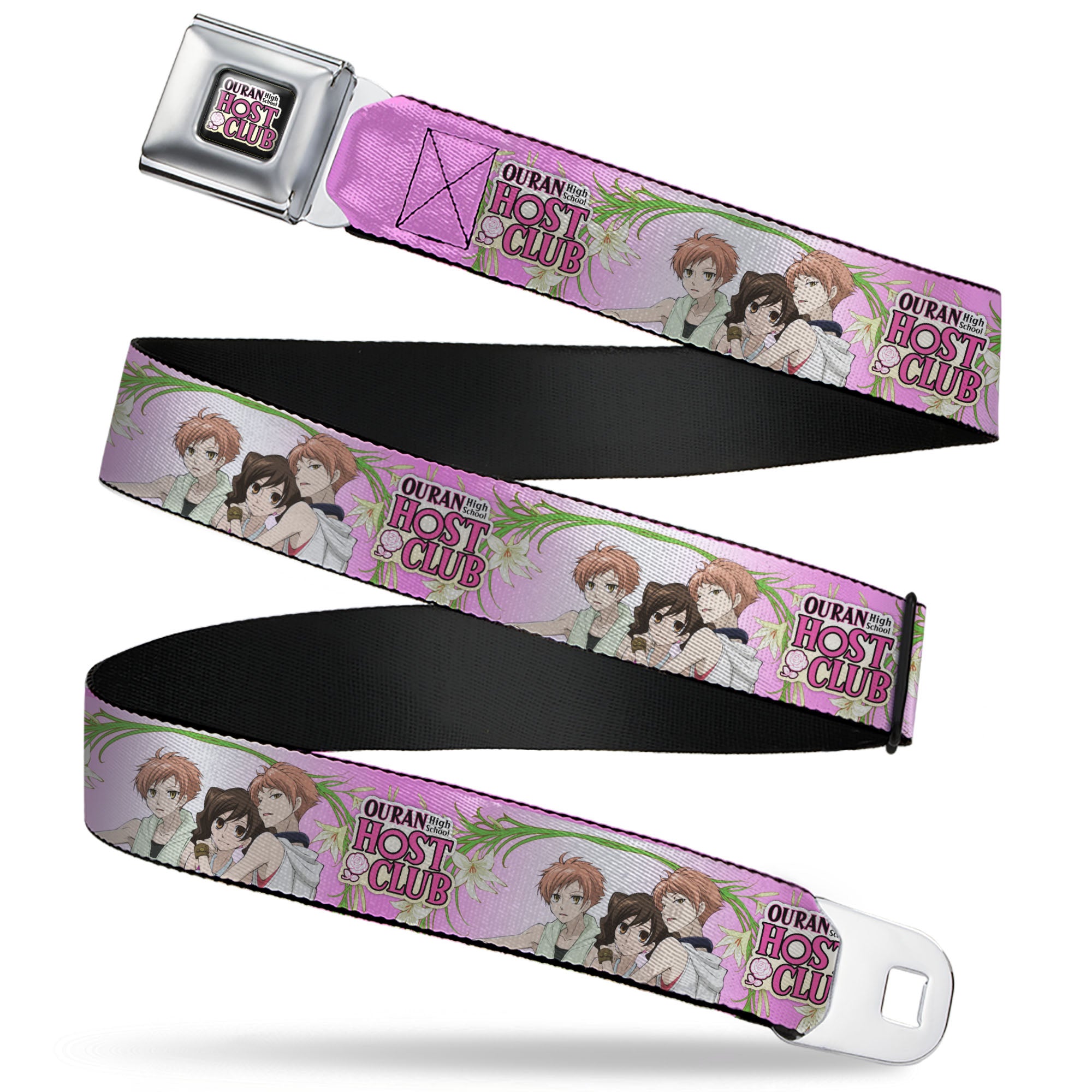 OURAN HIGH SCHOOL HOST CLUB Title Logo Full Color Black Seatbelt Belt - OURAN HIGH SCHOOL HOST CLUB Haruhi and Hitachiin Twins Lilies Pose and Title Logo Pinks Webbing Seatbelt Belts Ouran High School Host Club