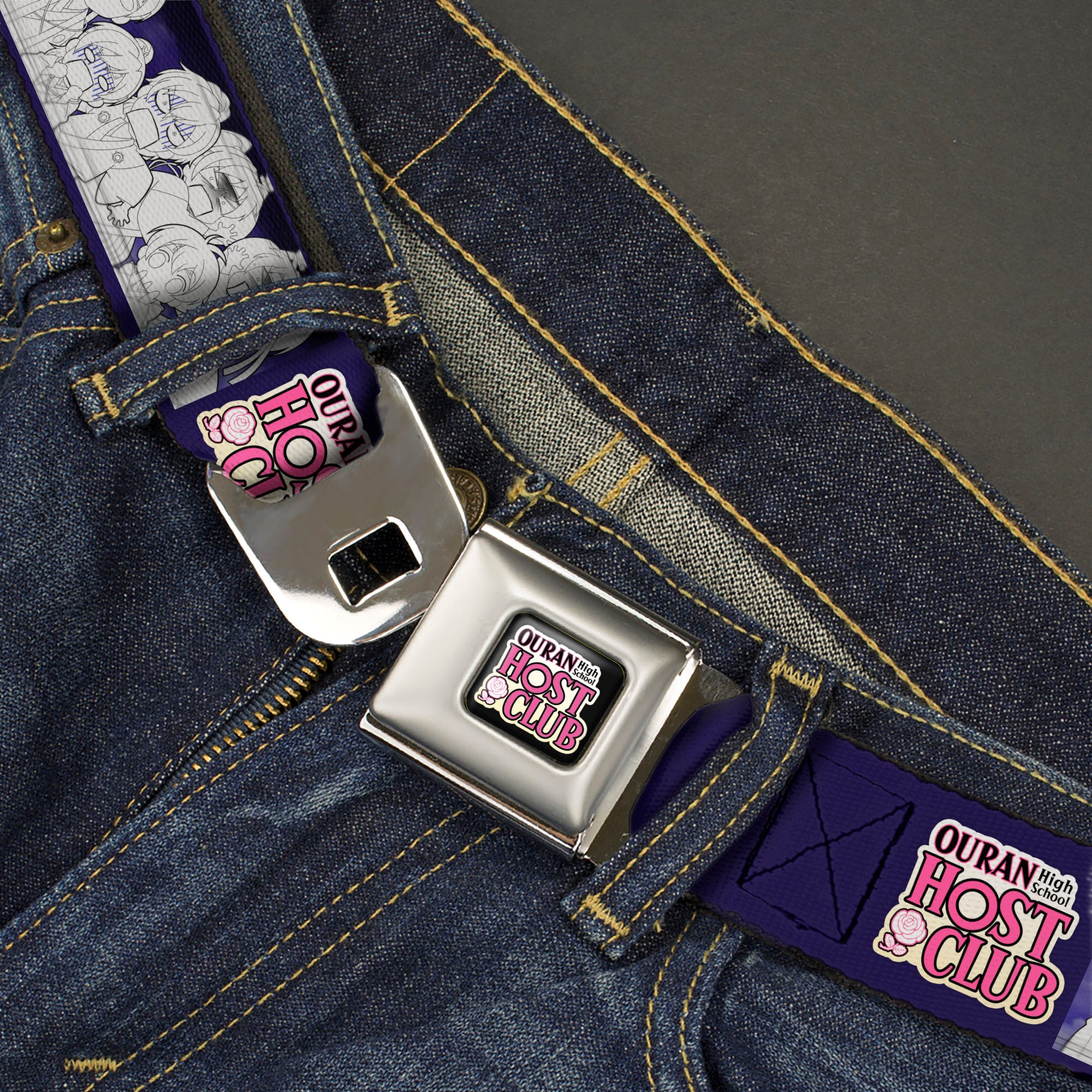 OURAN HIGH SCHOOL HOST CLUB Title Logo Full Color Black Seatbelt Belt - OURAN HIGH SCHOOL HOST CLUB Character Doodle and Title Logo Violet Webbing Seatbelt Belts Ouran High School Host Club