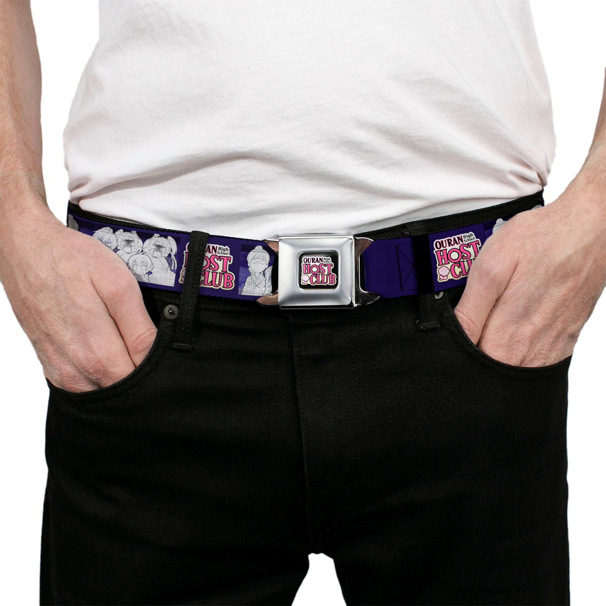 OURAN HIGH SCHOOL HOST CLUB Title Logo Full Color Black Seatbelt Belt - OURAN HIGH SCHOOL HOST CLUB Character Doodle and Title Logo Violet Webbing Seatbelt Belts Ouran High School Host Club